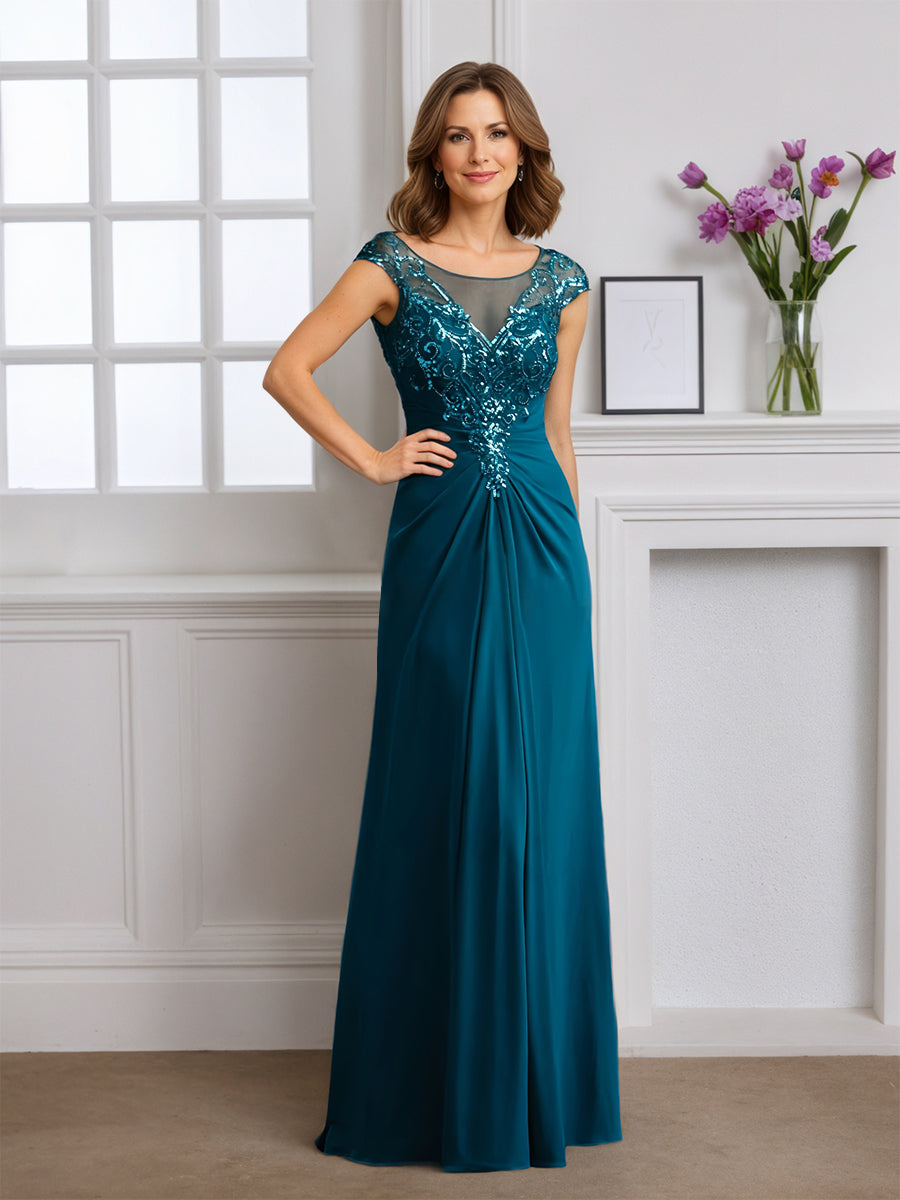 Cicinia Robe pour Mère de la Mariée Teal Longue Fourreau Manches Capelines à Plis