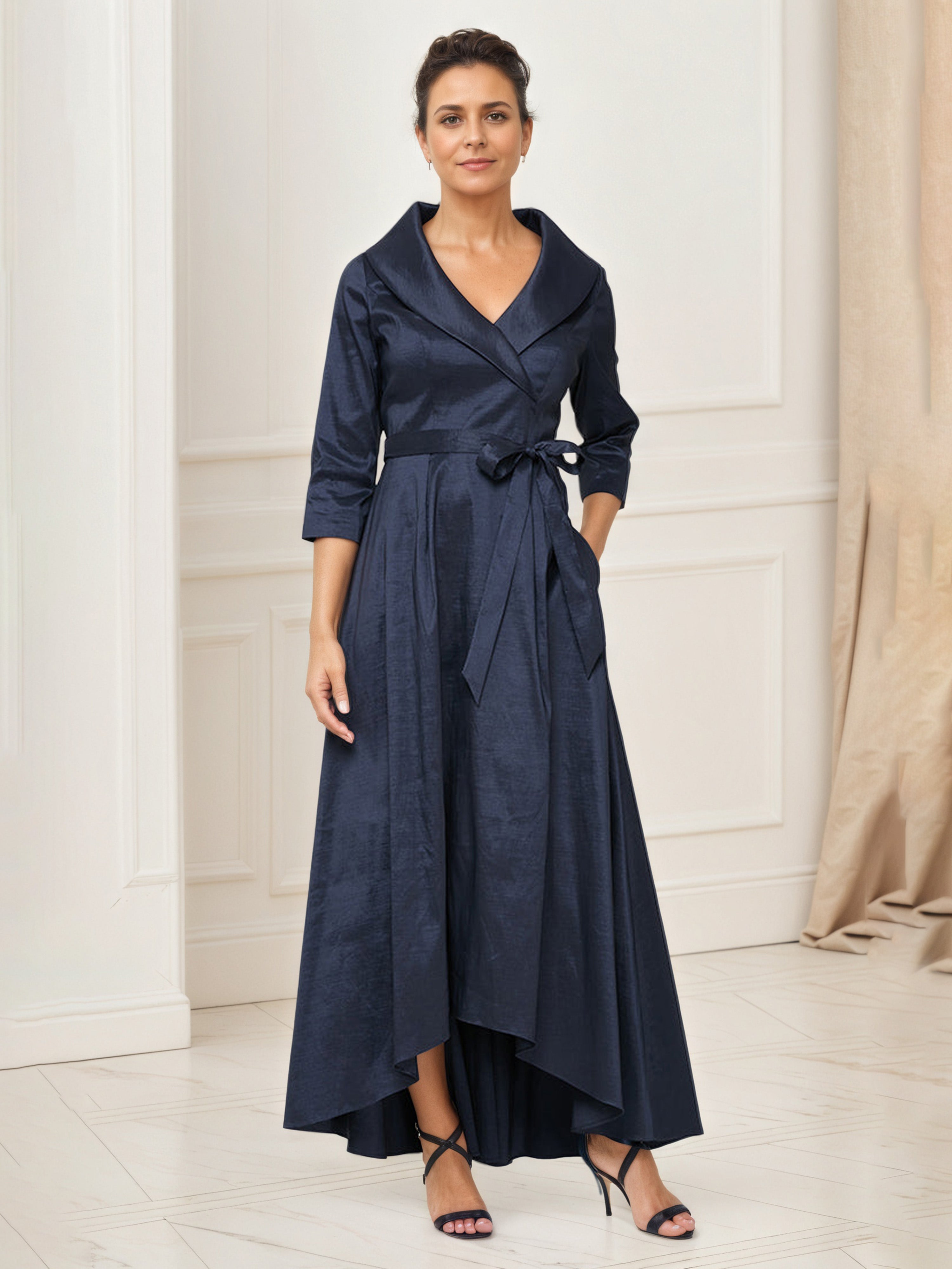 Robe Mere dela Mariee BLEU_MARINE Fourreau/Colonne Col V Manches 3/4 Avec Ceinture