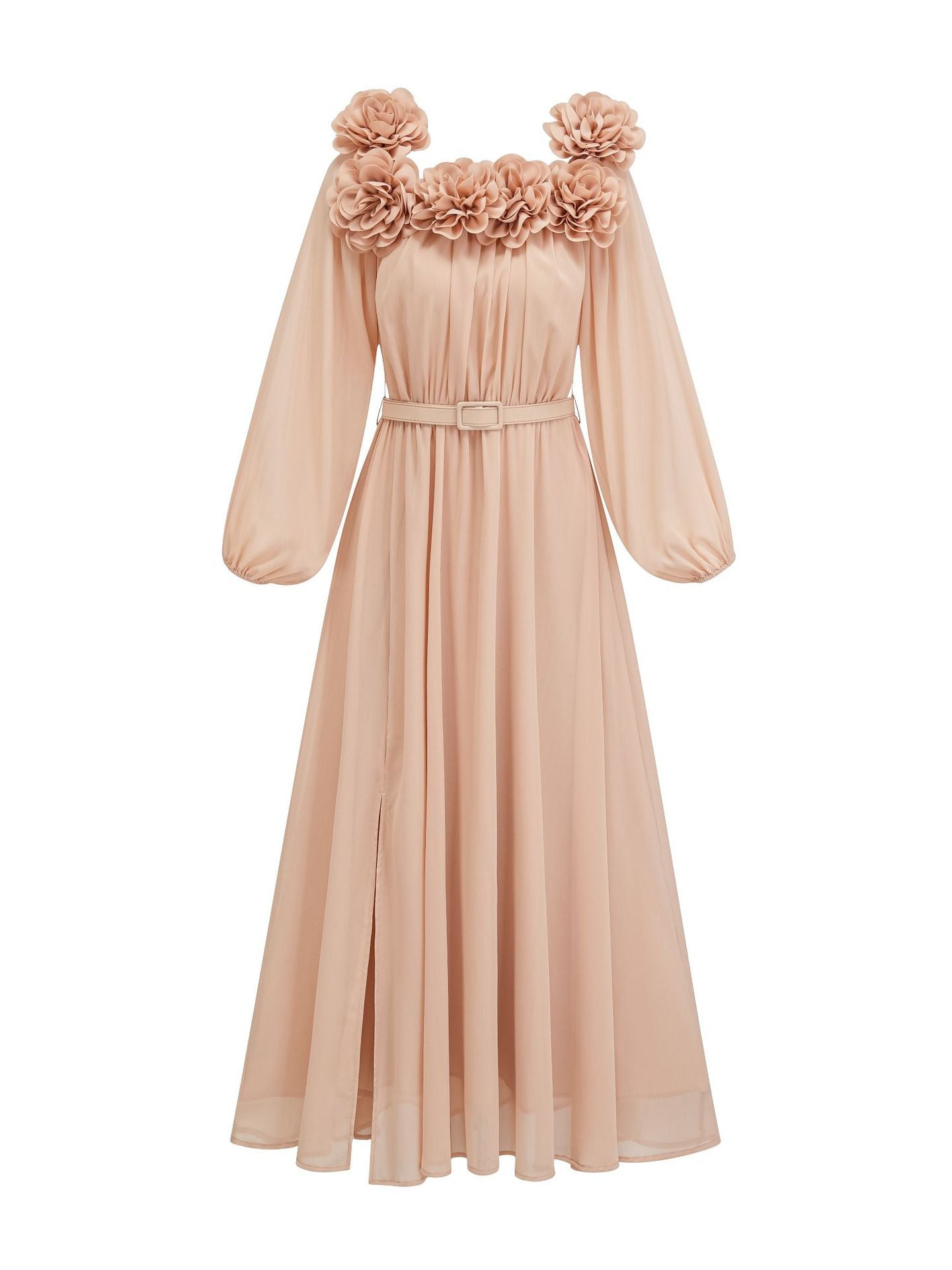 Robe Trapèze Col Carré Manches Longues Robe de Soirée en Corail