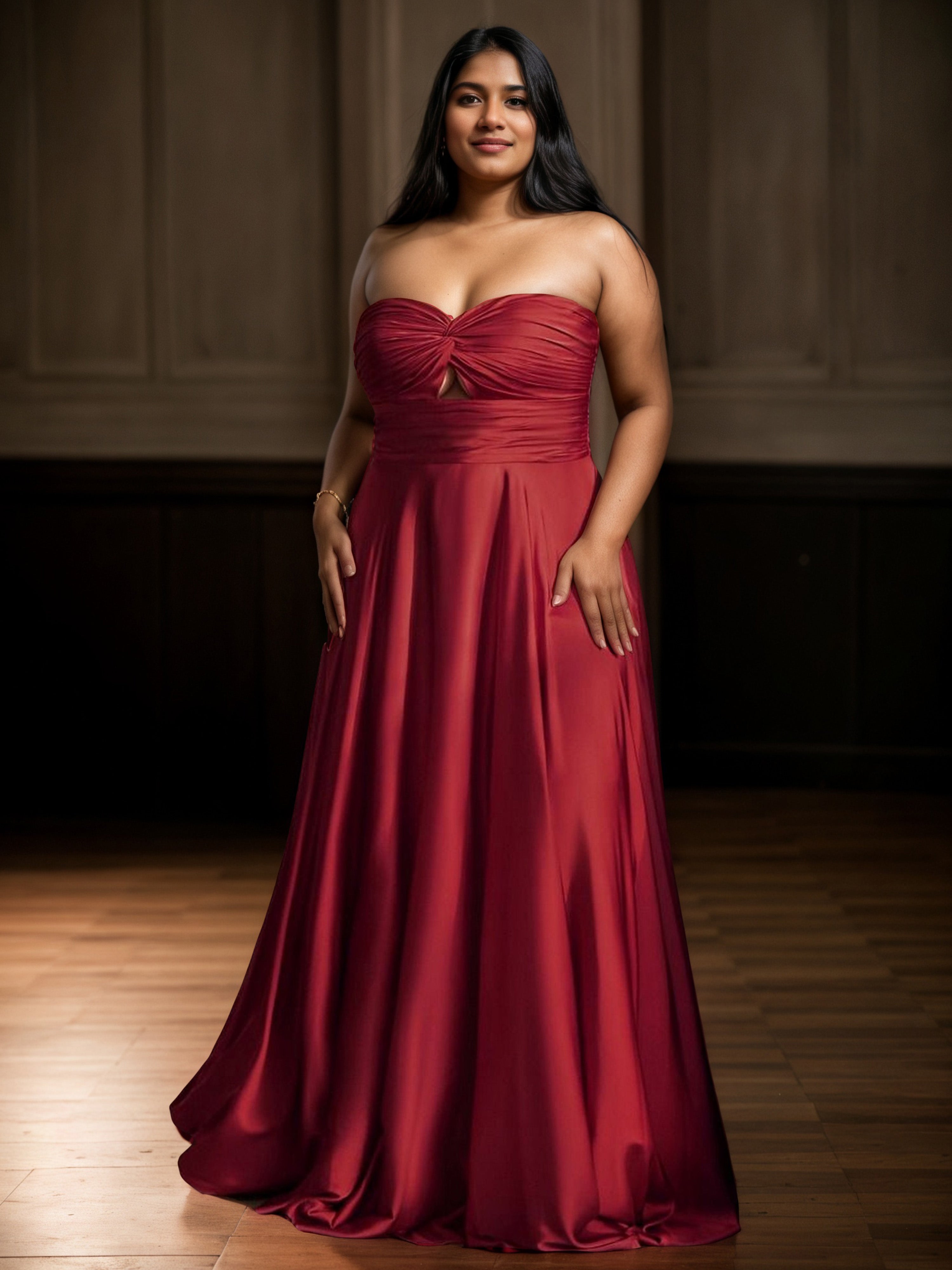 Robe de Bal BORDEAUX Longue Sans Bretelles Grande Taille avec Plissés et Sans Manches