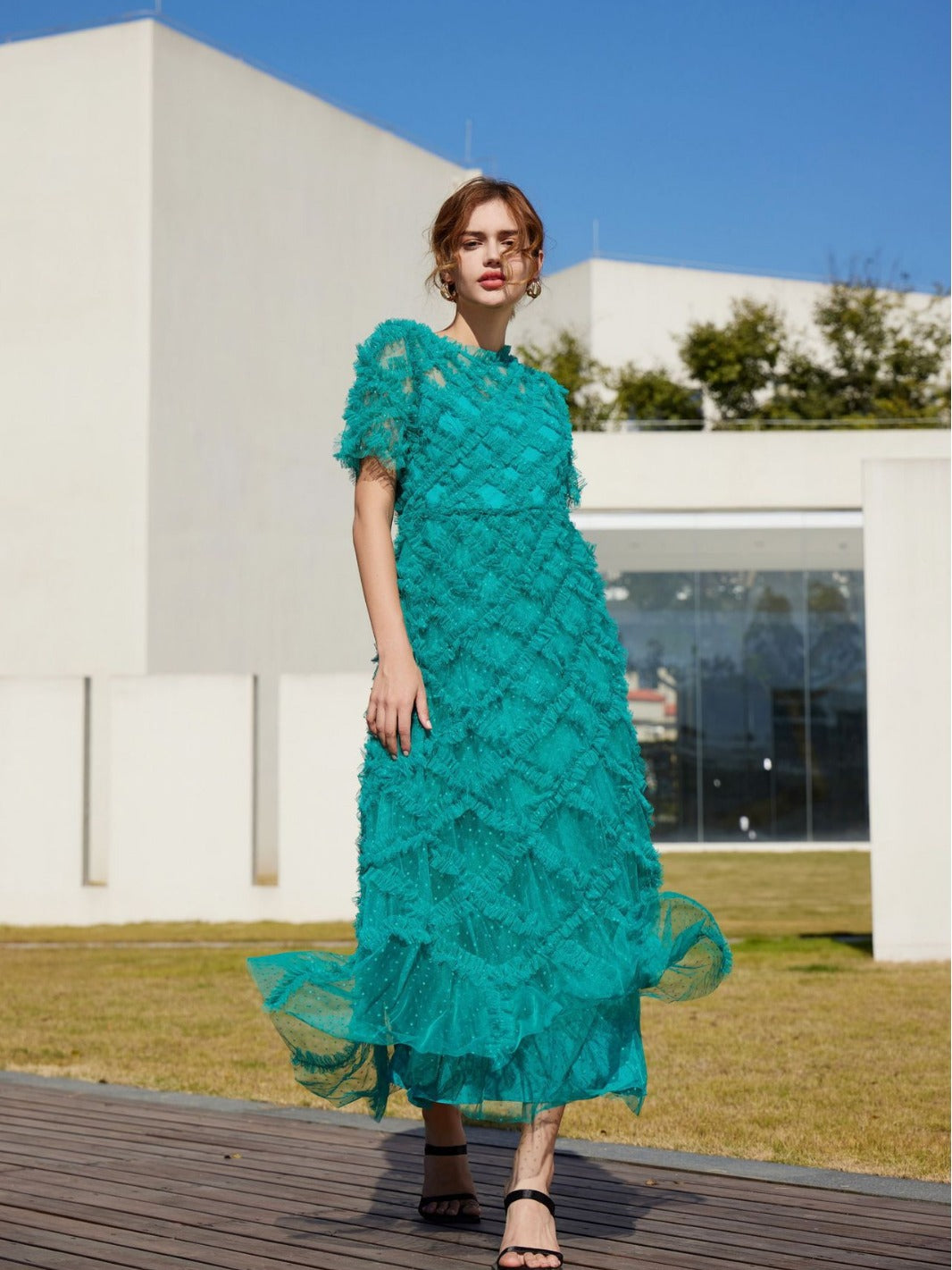 Robe Brodée Trapèze Col Rond Manches Courtes Robe de Soirée en Vert Foncé