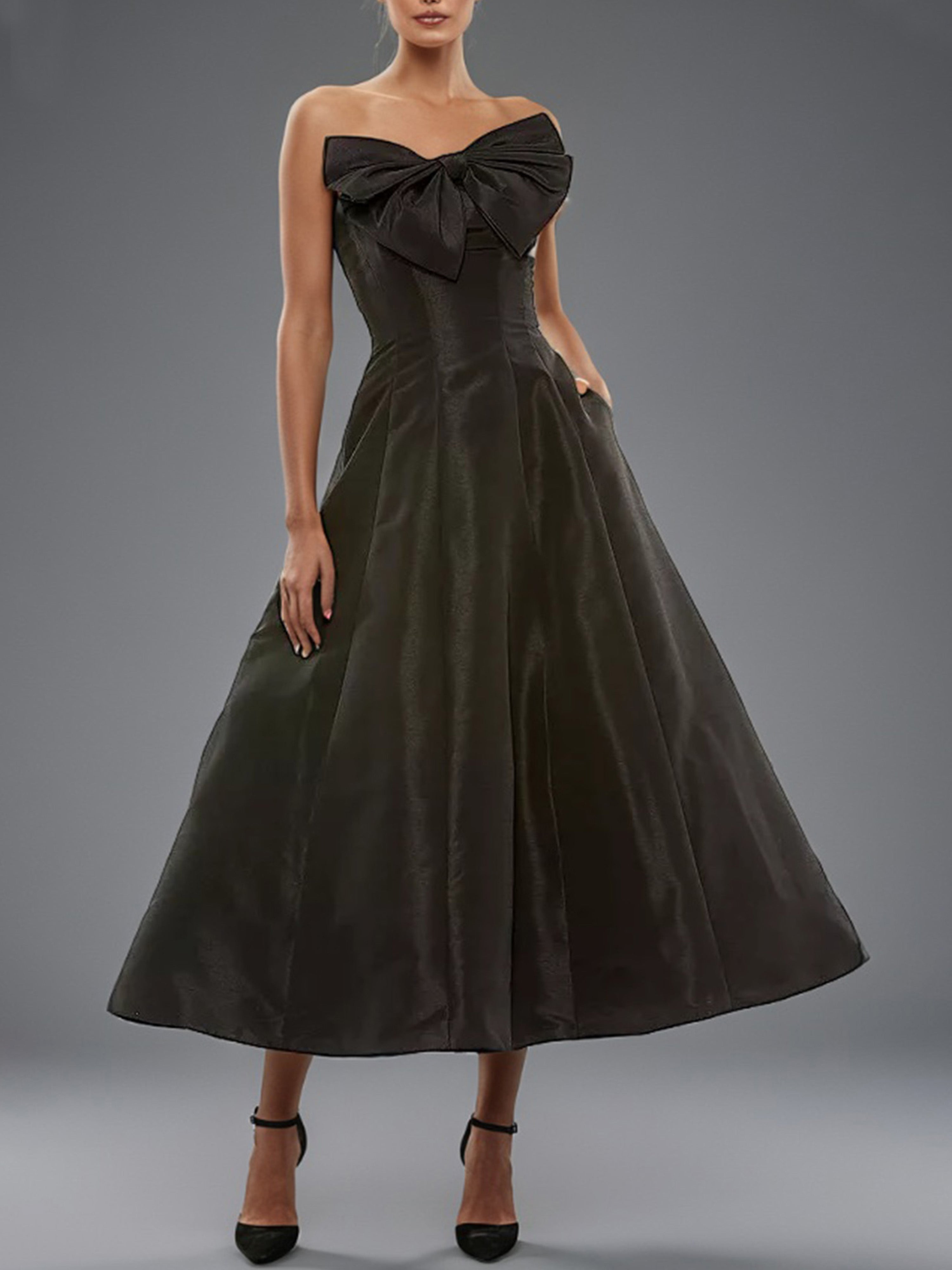 Robe de Soirée Noire Satin Courte à Bretelles Fines Longueur Cheville avec Nœud