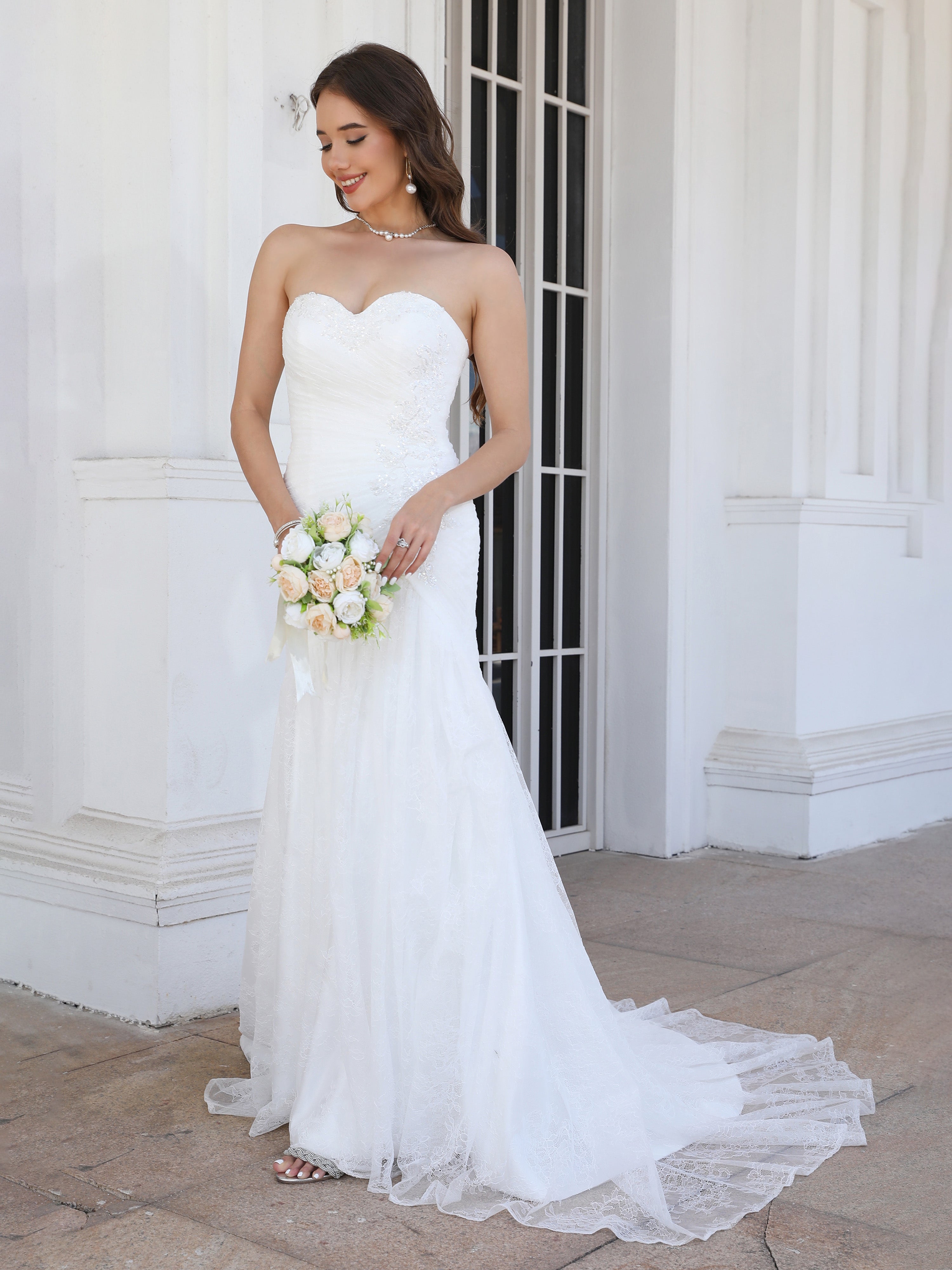 Cache Cœur Dentelle&Tulle Robe de Mariage Trompette/Sirène avec Traîne de balayage / pinceau