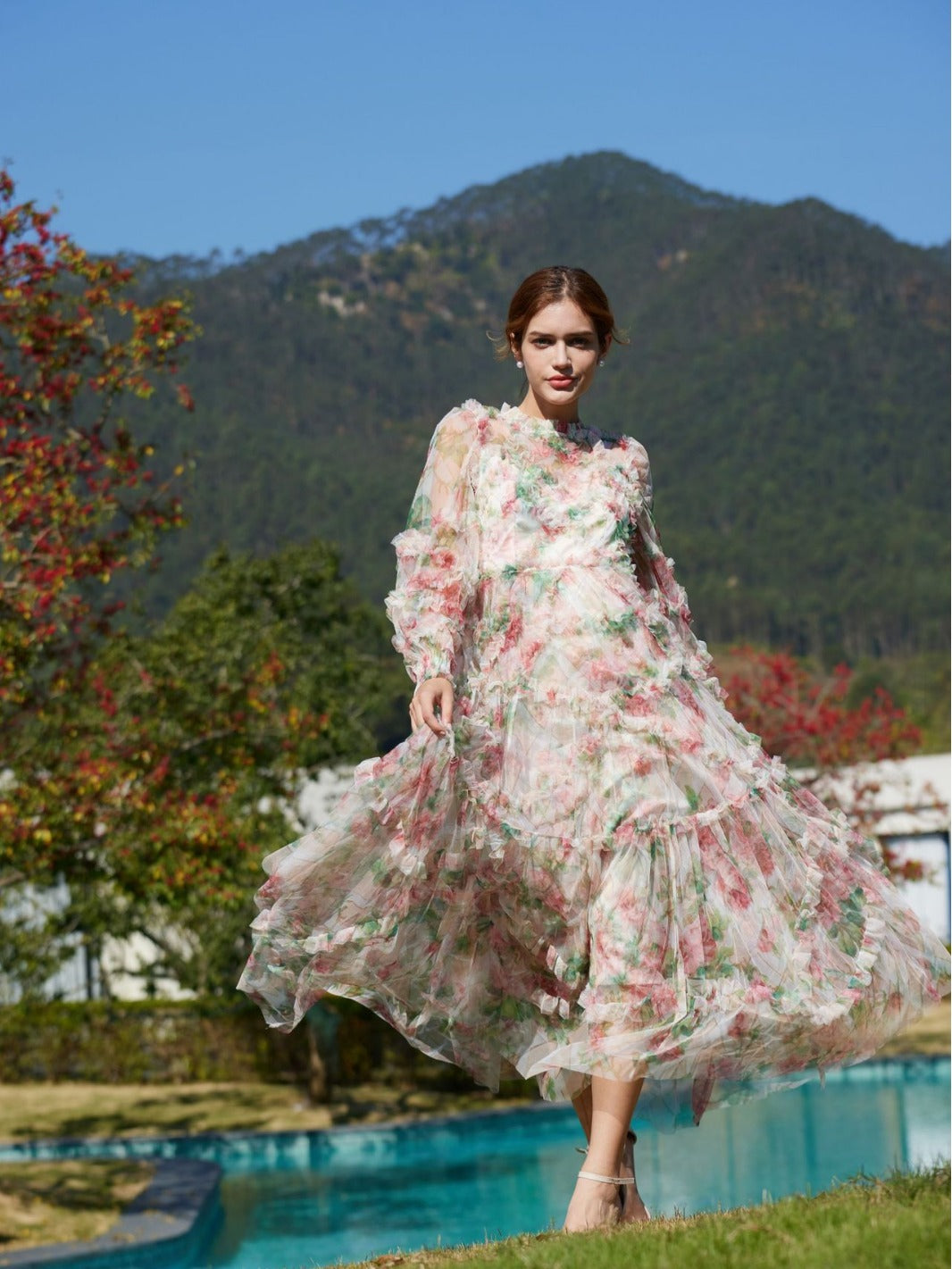 Robe Trapèze Col Rond à Volants Manches Longues Robe de Soirée en Abricot