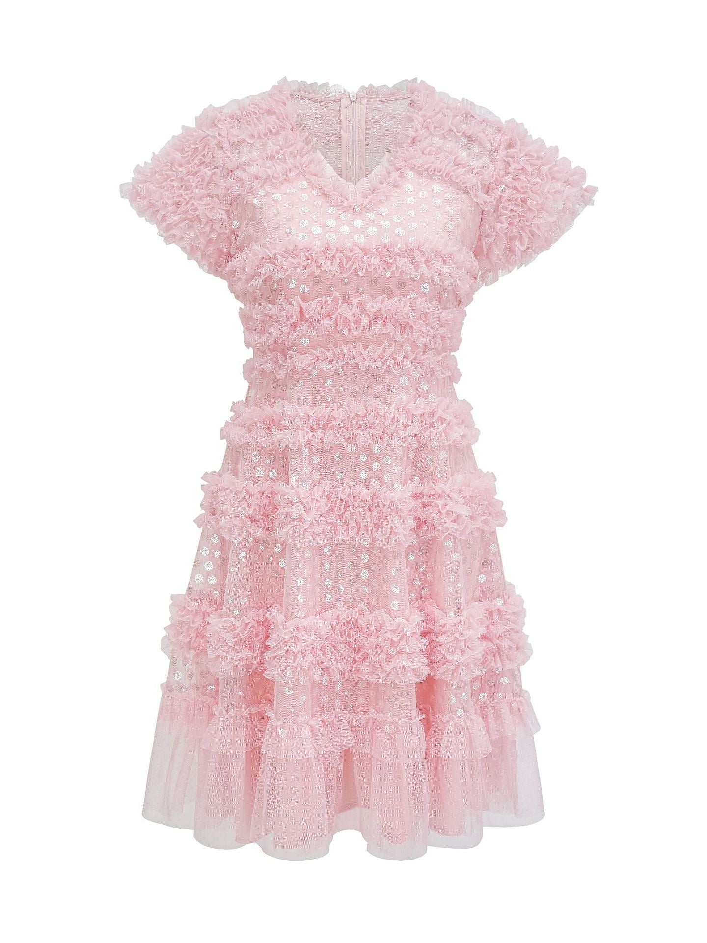 Robe Courte Paillettes Trapèze Col V Manches Courtes Robe de Soirée en Rose
