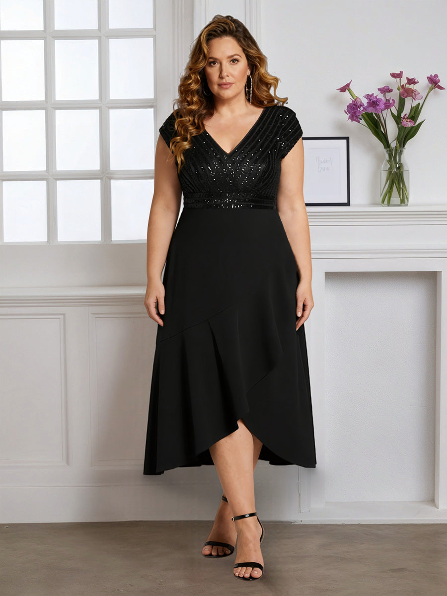 Cicinia Robe pour Mère de la Mariée Noir Longue A-Line en Mousseline à Paillettes Décolleté en V Longueur Midi Grande Taille