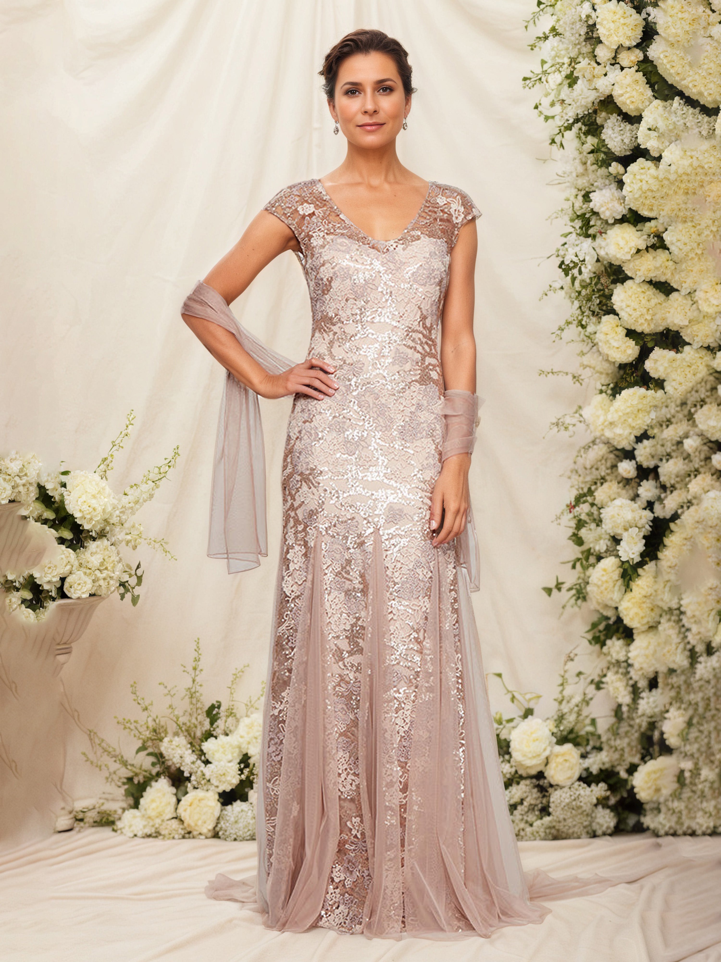 Robe Mère de la Mariée OR_ROSE Fourreau/Colonne Col en V Manchette Brodée avec Châle