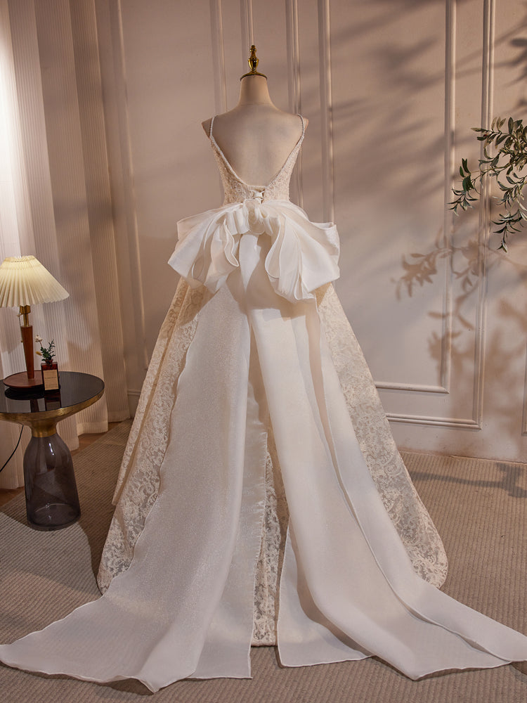 Robe de Mariée Asymétrique Bretelles Spaghetti en Dentelle avec Perles et Nœud Papillon