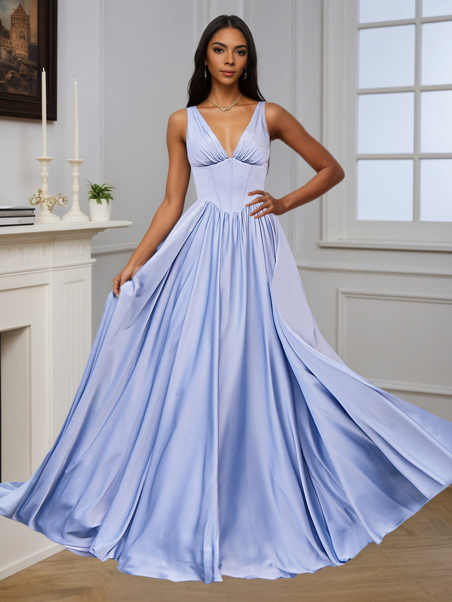 Cicinia Bleu Ciel Robe de Soirée Longue en Satin Doux A-Line Décolleté en V