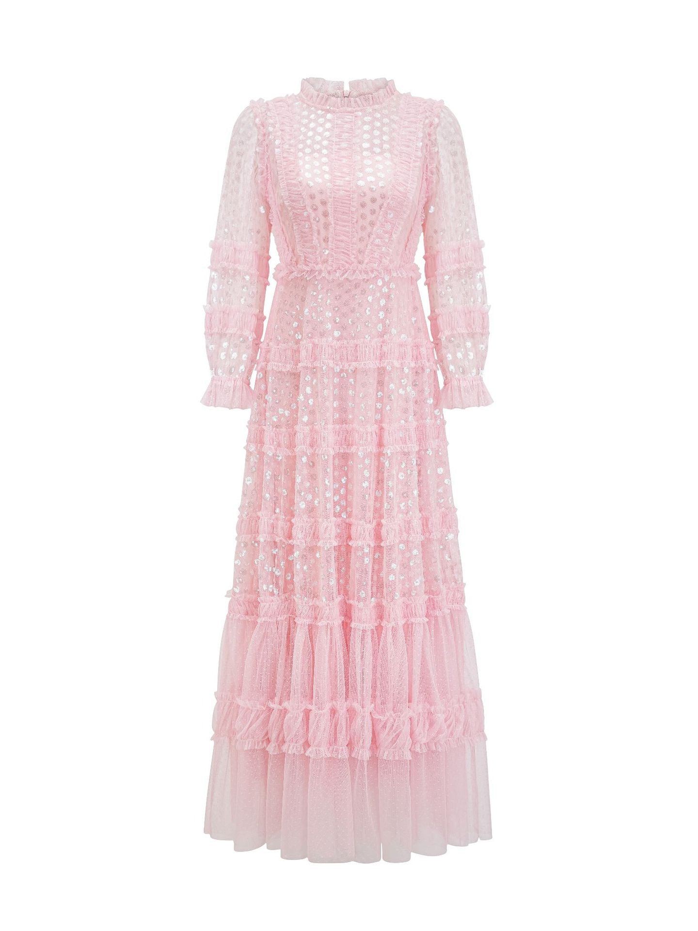 Robe Paillettes Trapèze Col Rond Manches Longues Robe de Soirée en Rose