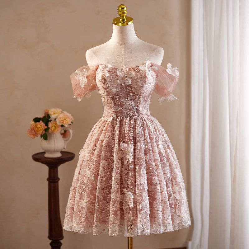 Robe de bal Rose en Tulle et Dentelle à Épaules Dénudées avec Appliques de Fleurs