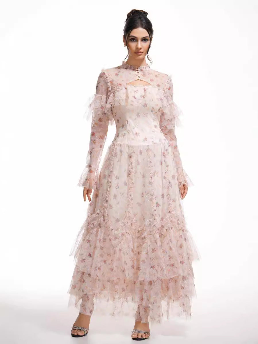 Robe Longue Trapèze Col Rond Manches Longues Robe de Soirée en Abricot