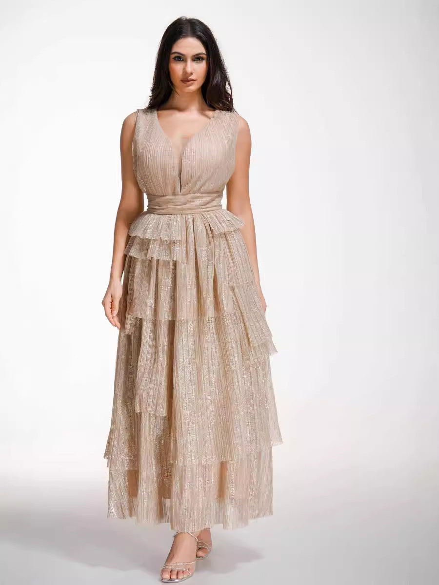 Robe Longue en Tulle Trapèze Col V Sans Manches Robe de Soirée en Or