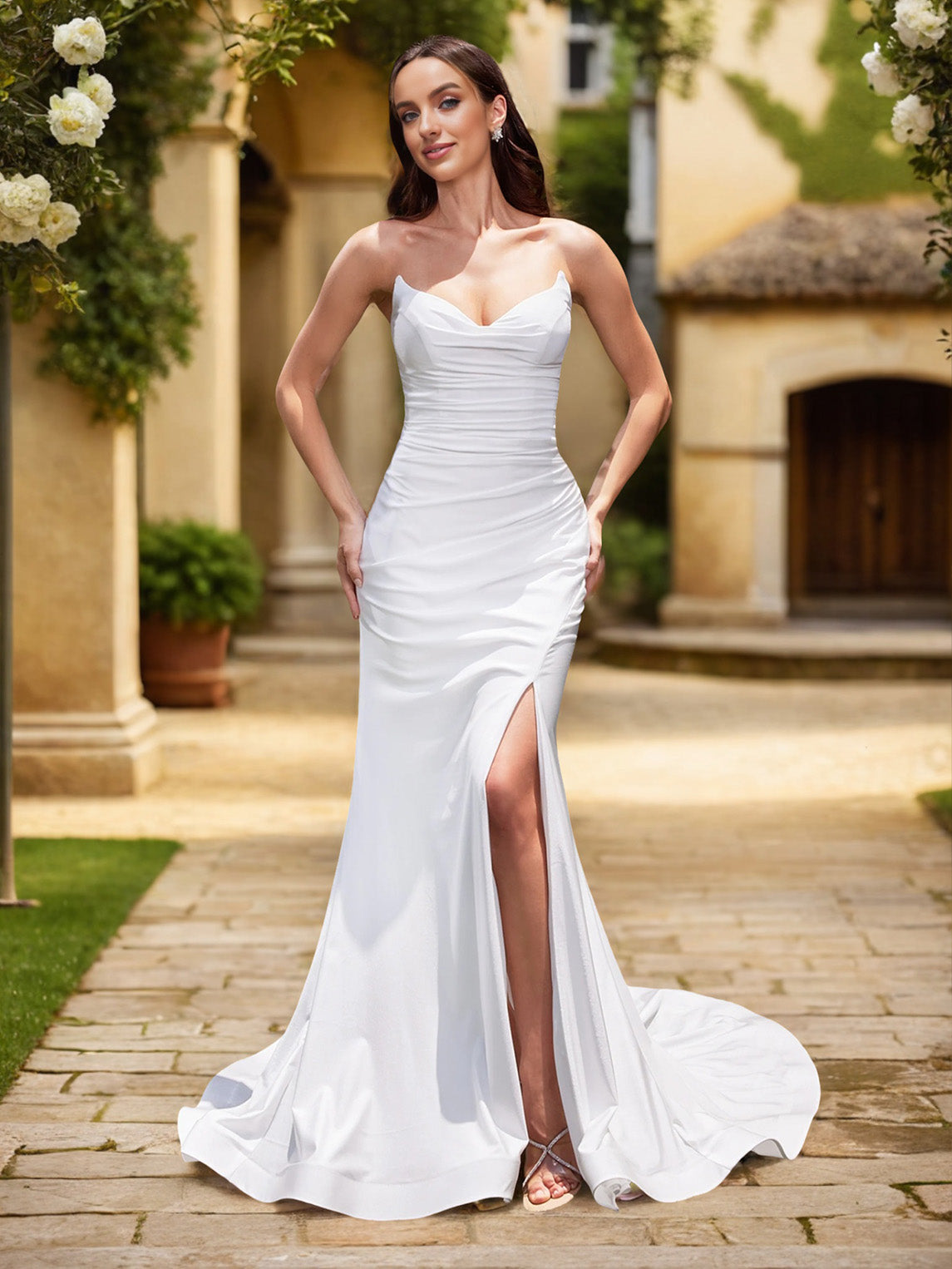 Col V Sans Manches Sirène Satin extensible Fourreau/Colonne Robe Mariage La plus Belle Robe de Mariage