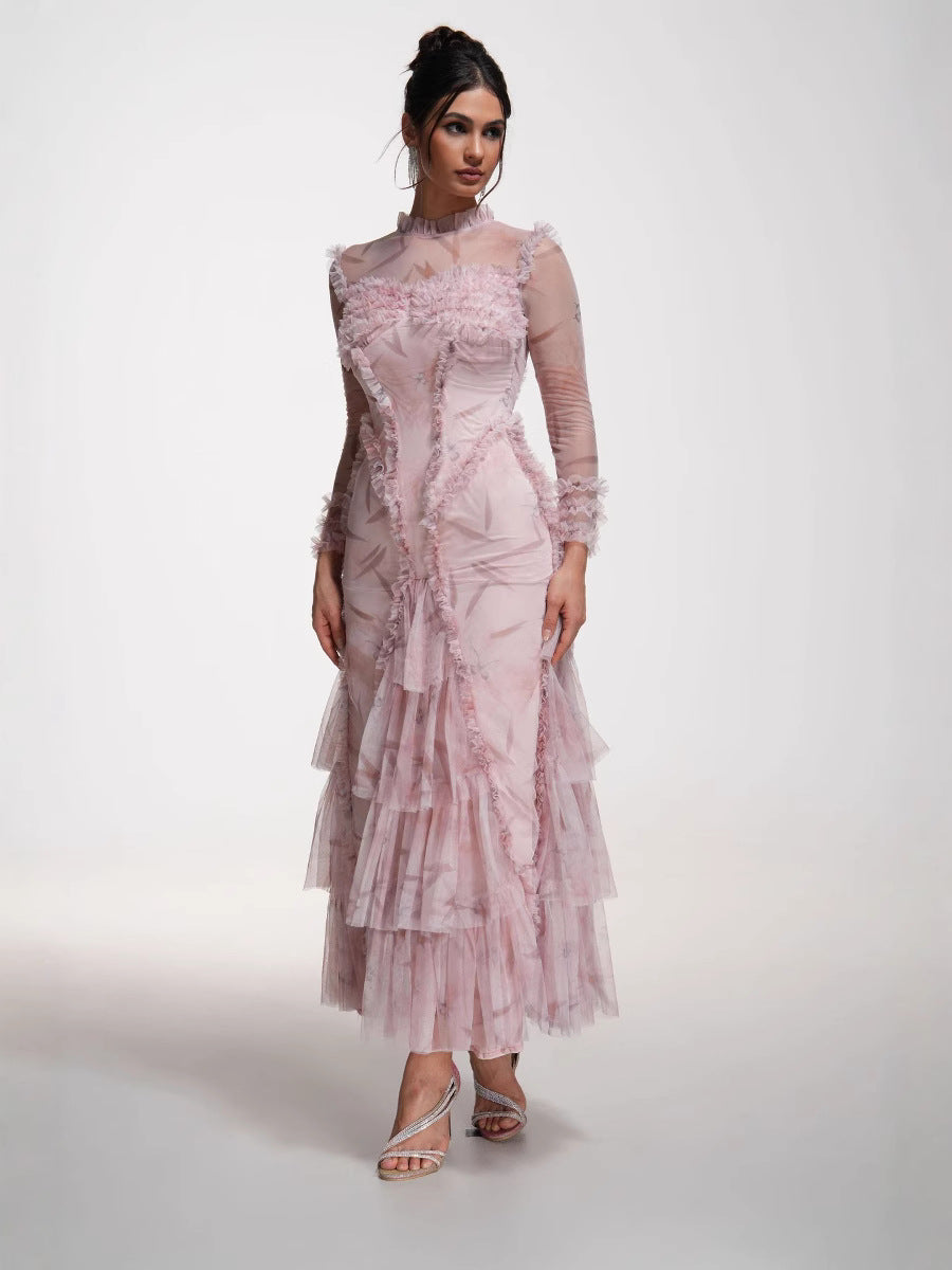 Robe Longue Sirène Col Roulé Mi-Haut à Volants Manches Longues Robe de Soirée