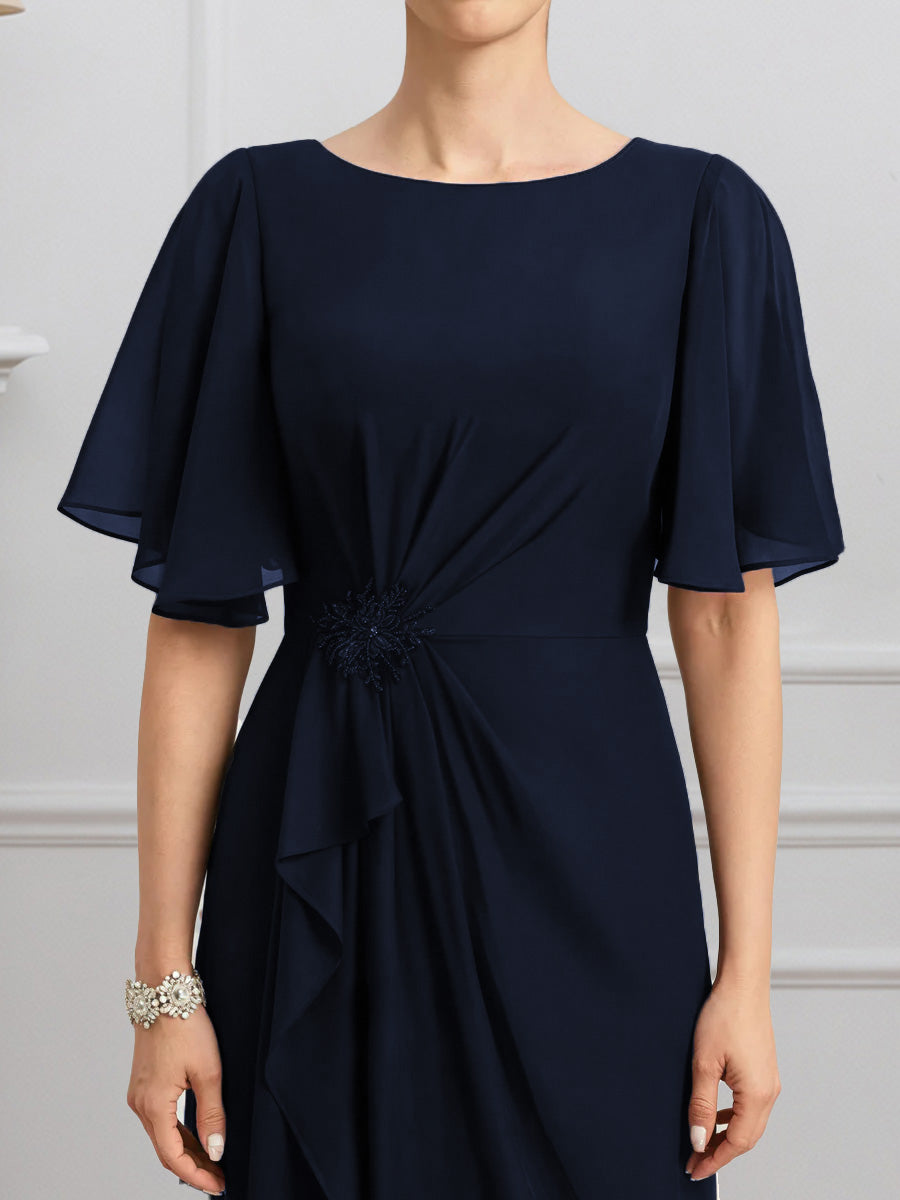 Cicinia Bleu Marine Foncé Robe pour Mère de la Mariée Longue en Mousseline Fourreau Manches Demi-longues Longueur Sol