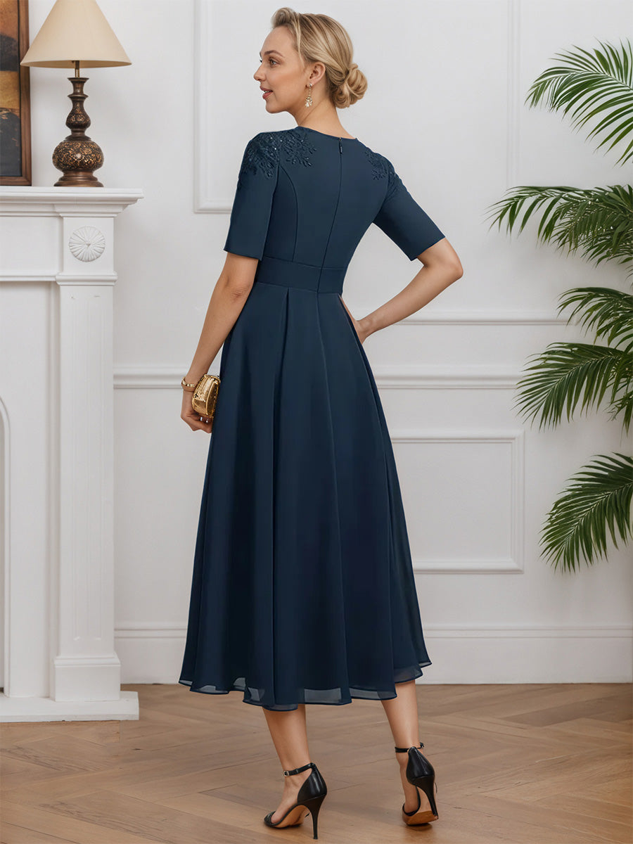 Cicinia Bleu Marine Robe pour Mère de la Mariée Longue en Mousseline et Dentelle Longueur Midi (Thé) Manches Demi-longues