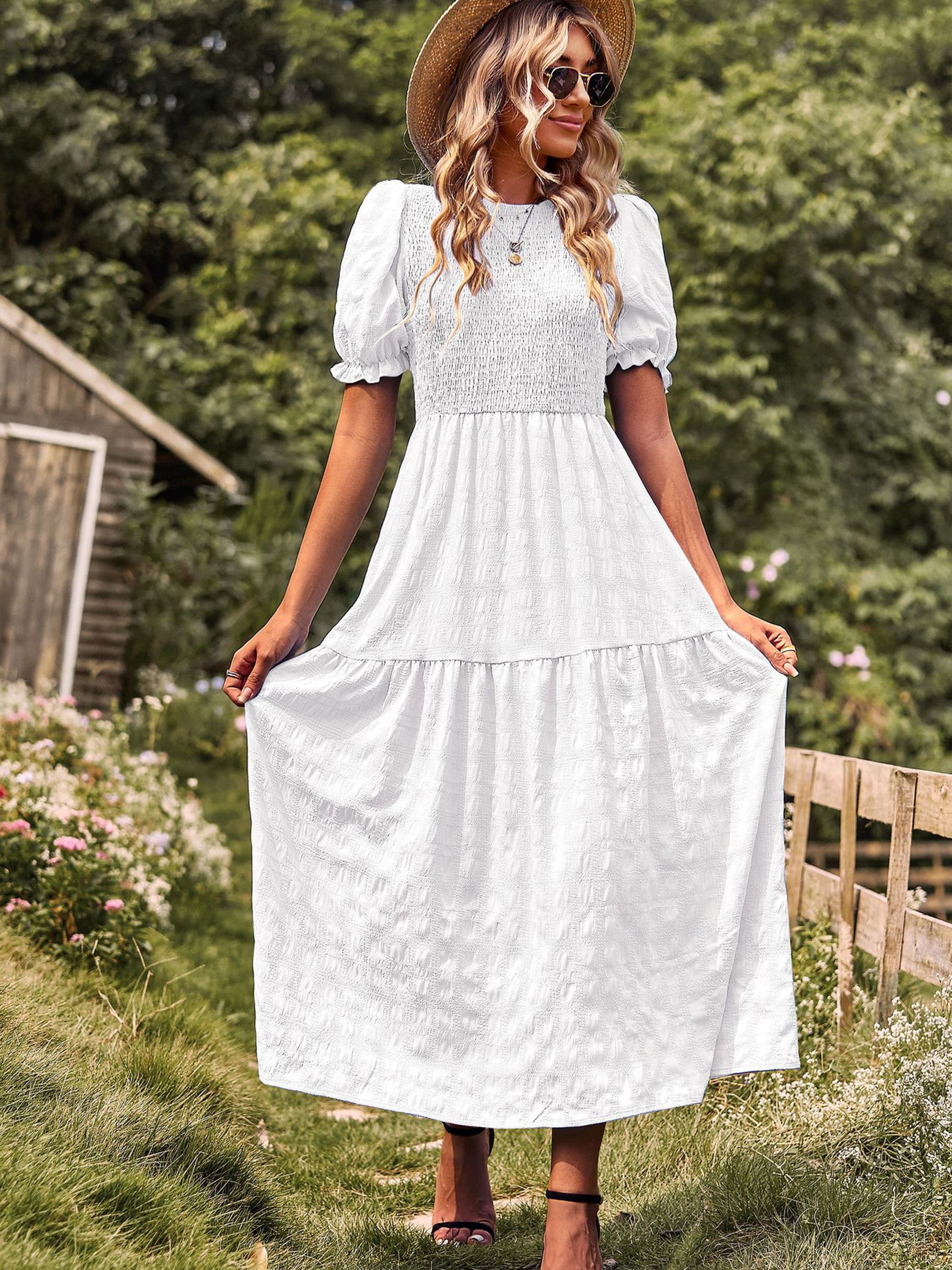 Robe Longue Trapèze Col Rond Manches Courtes à Volants Robe Invitée de Mariage en Blanc