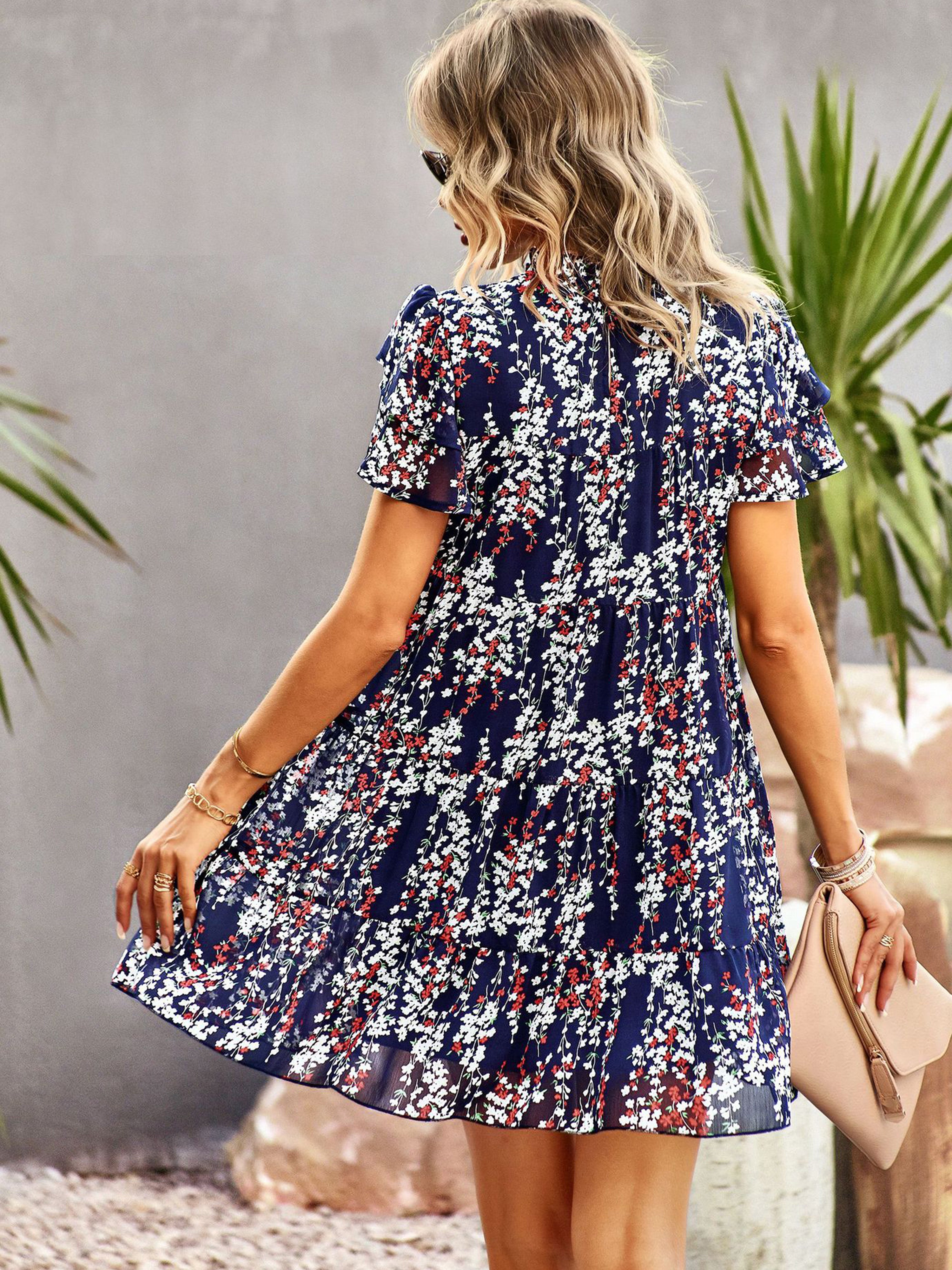 Robe Trapèze Col Roulé Mi-Haut Manches Courtes Robe Invitée de Mariage en Bleu Marine