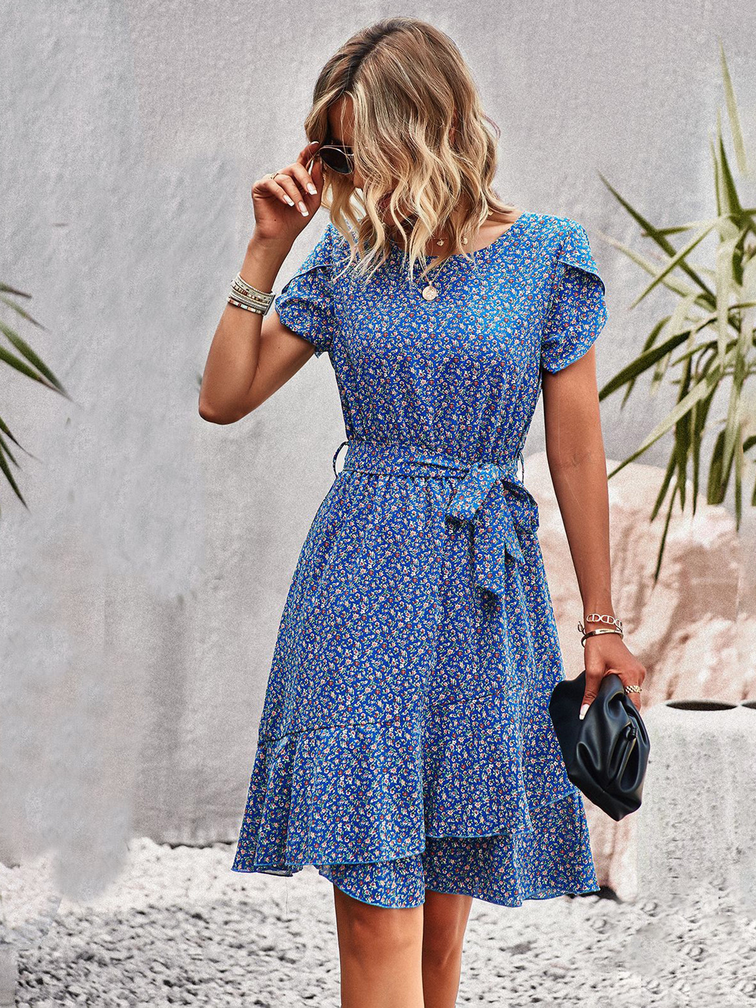 Robe Trapèze Col Rond Manches Courtes Noeud Papillon Robe Invitée de Mariage en Bleu