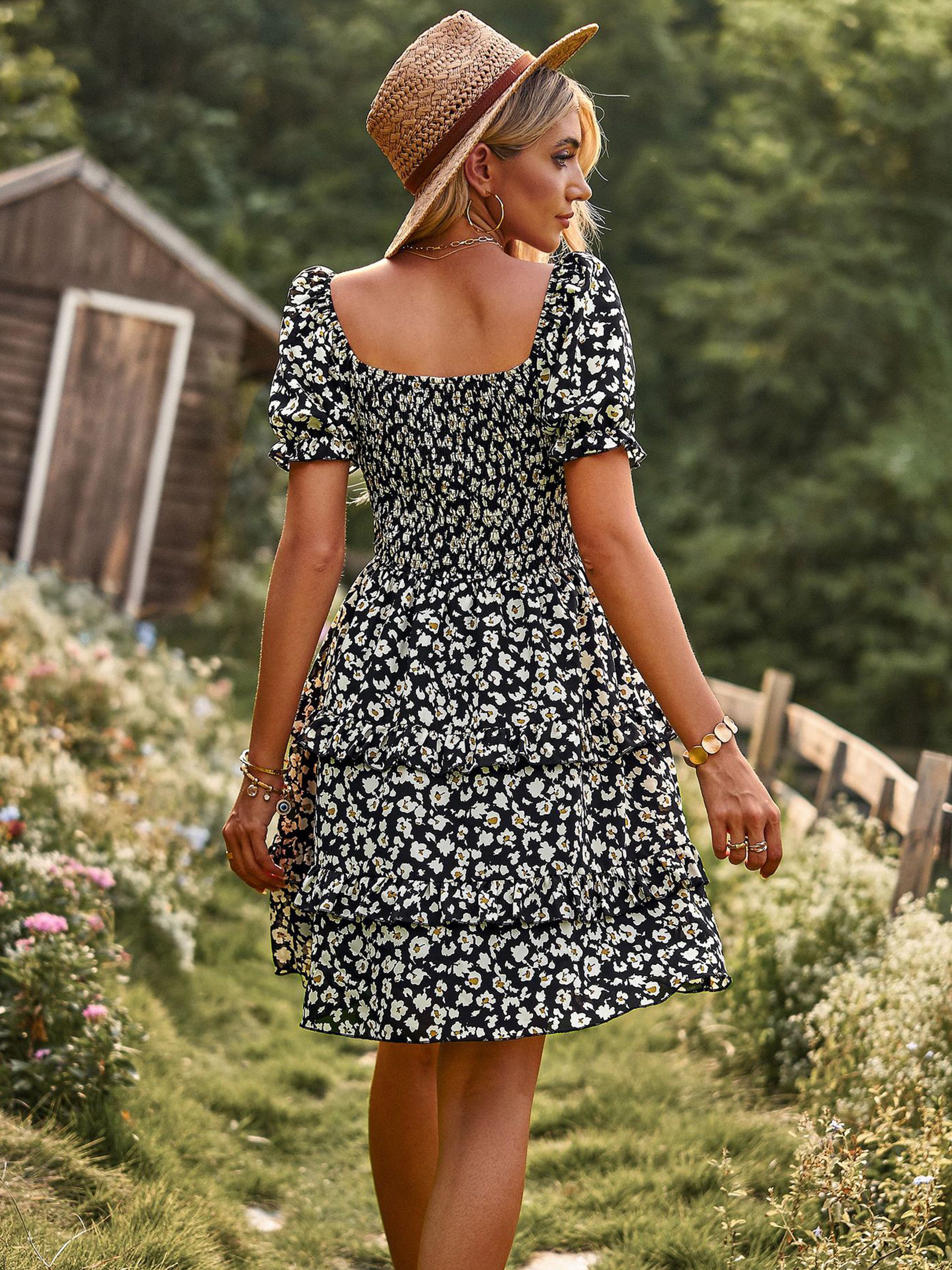 Robe Col Rond Manches Courtes Trapèze Robe Invitée de Mariage en Noir