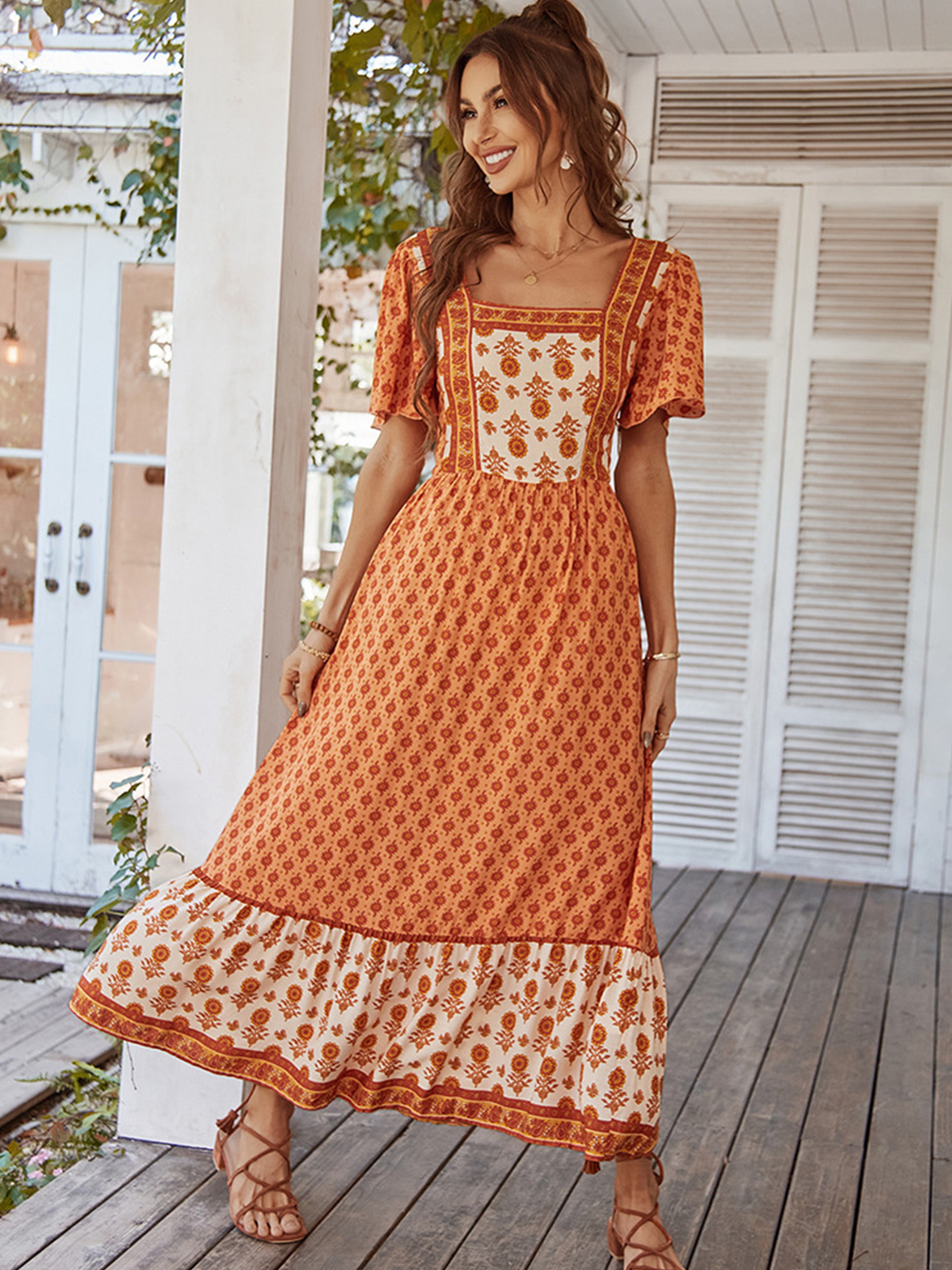 Robe Trapèze Col Carré Manches Courtes Robe Invitée de Mariage en Orange