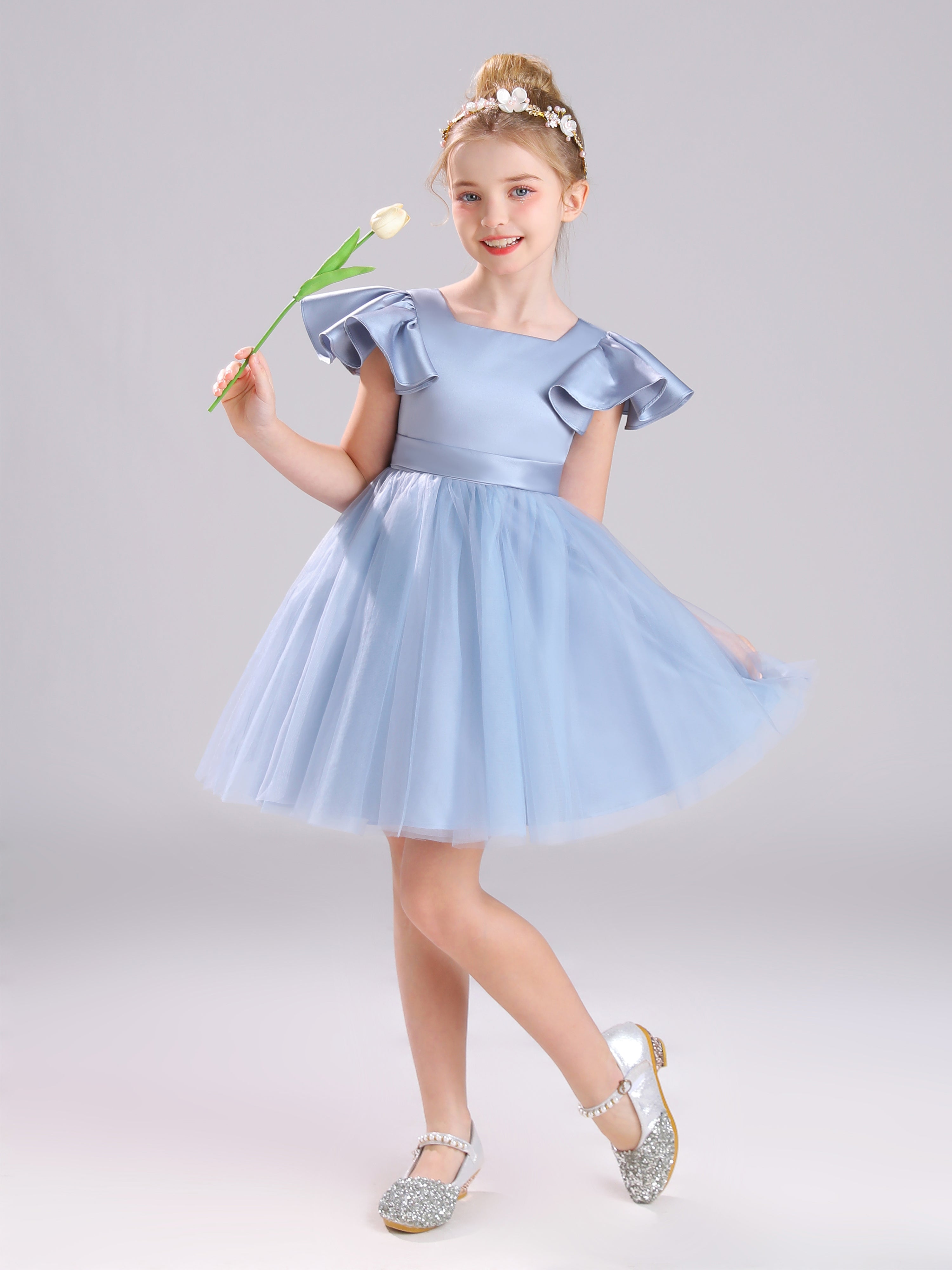 Col Carré Manches Courtes Satin&Tulle Courte Robe Fille