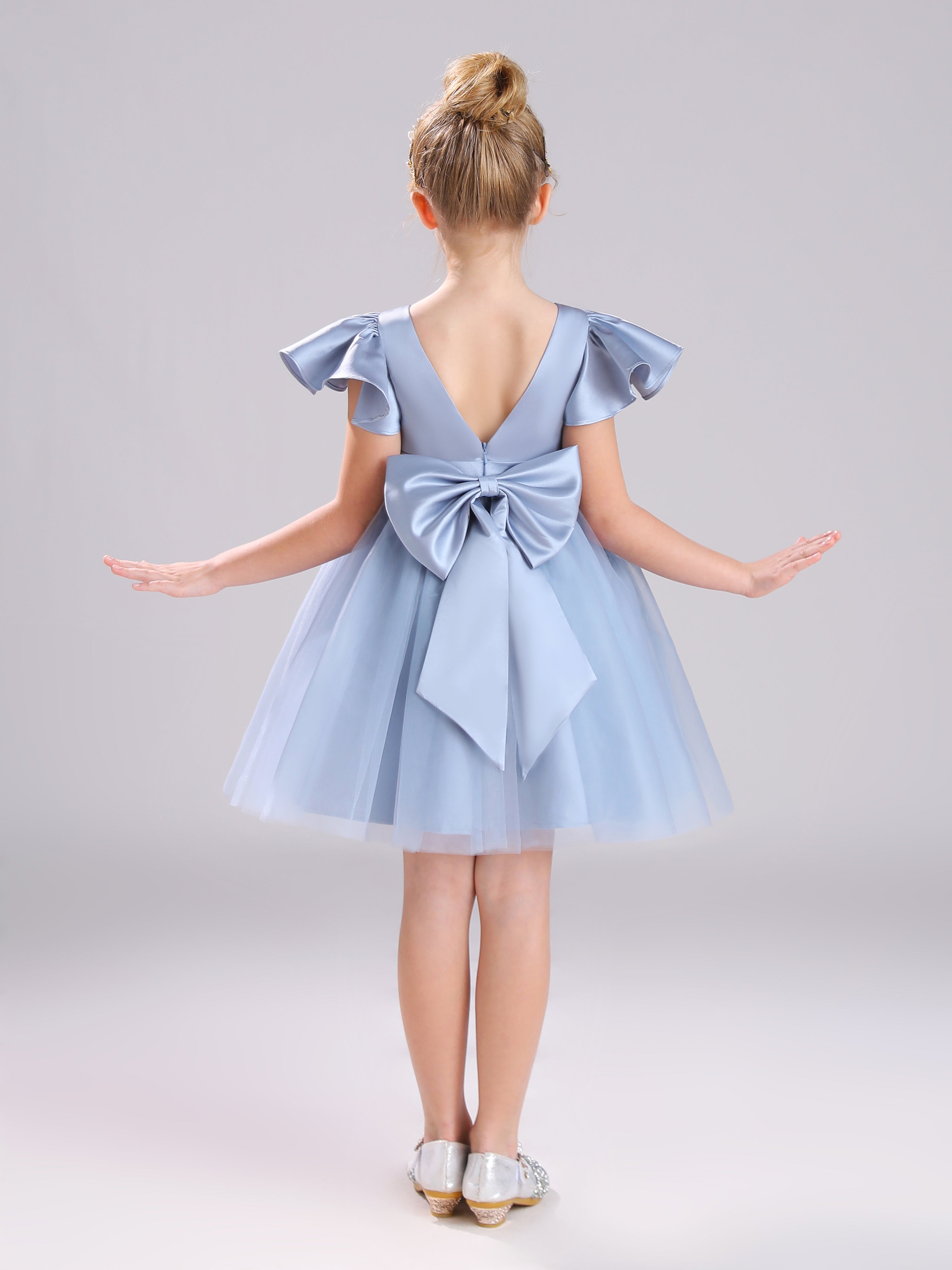 Col Carré Manches Courtes Satin&Tulle Courte Robe Fille