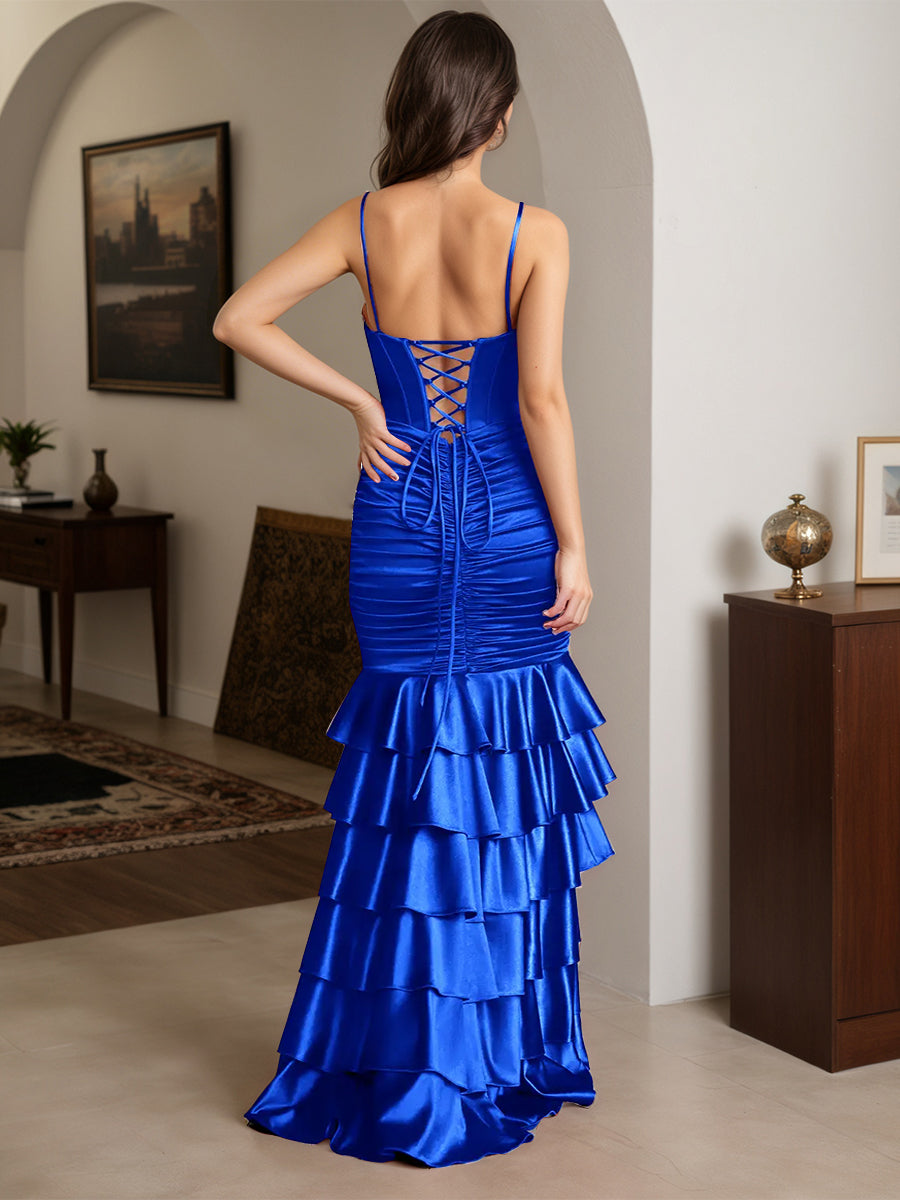Cicinia Bleu Royal Robe de Soirée Longue en Satin Extensible Fourreau à Bretelles Spaghetti à Volants Fente