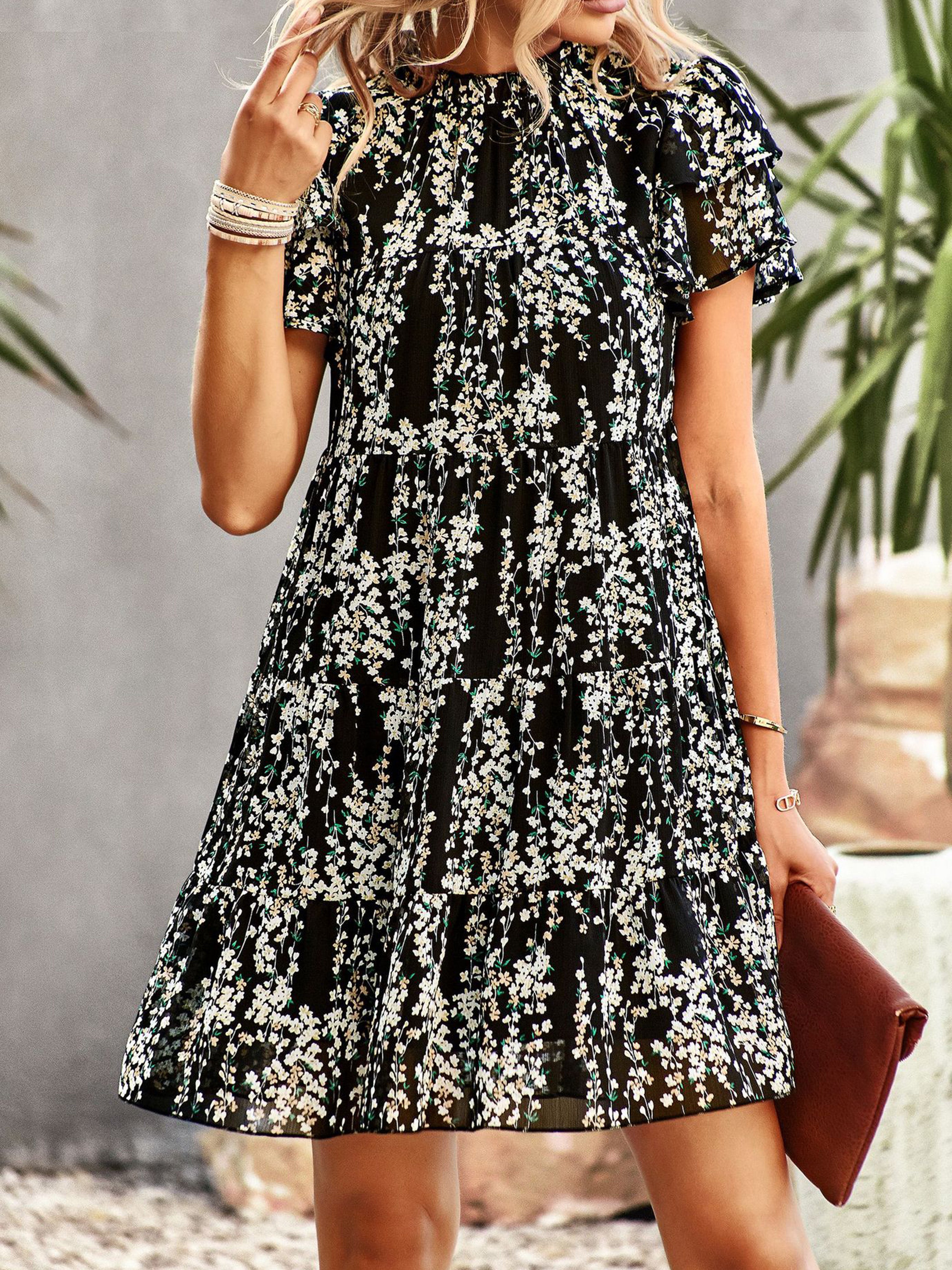 Robe Trapèze Col Roulé Mi-Haut Manches Courtes Robe Invitée de Mariage en Noir