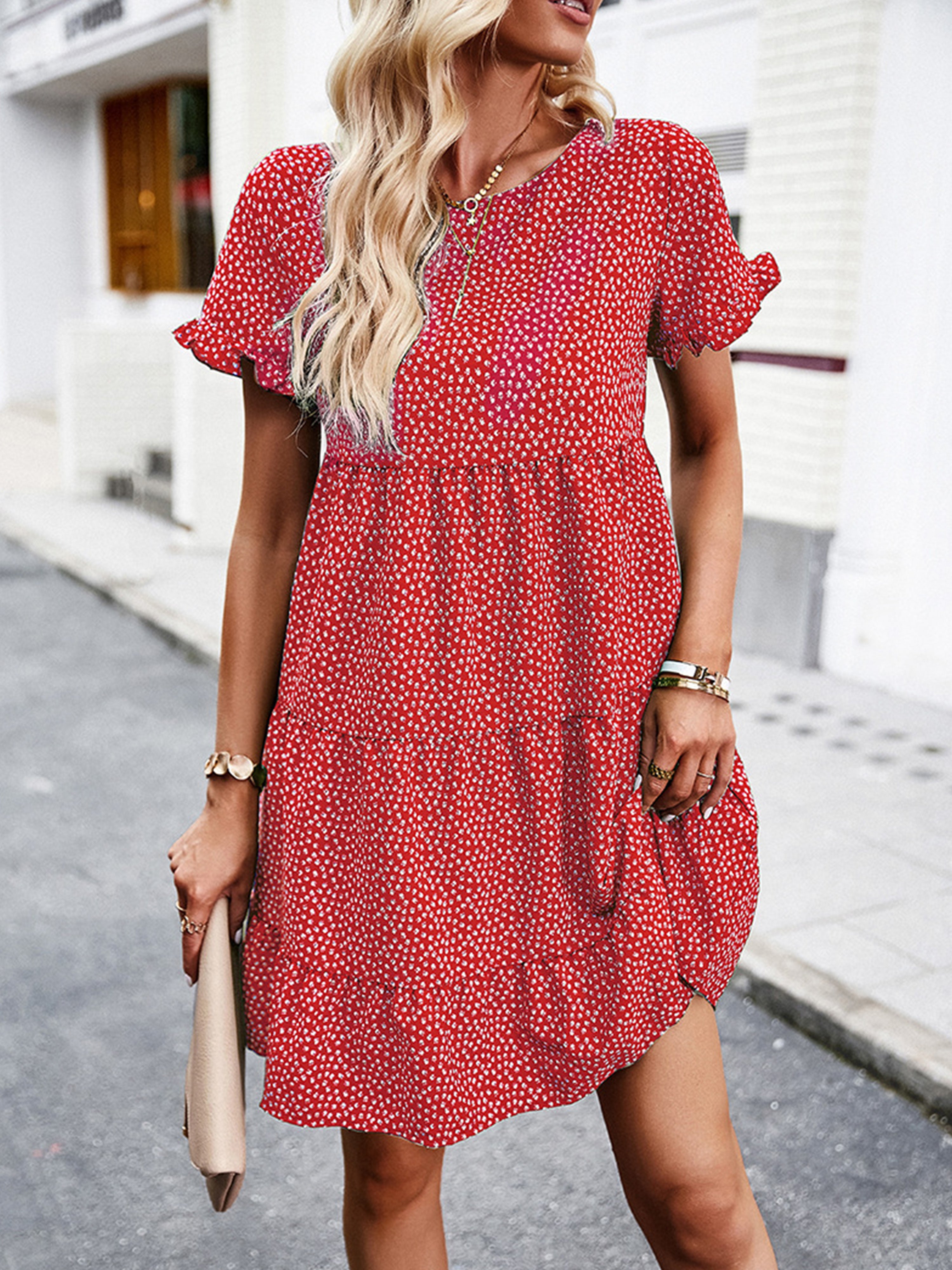 Robe Col Rond Manches Courtes à Volants Robe Invitée de Mariage en Rouge