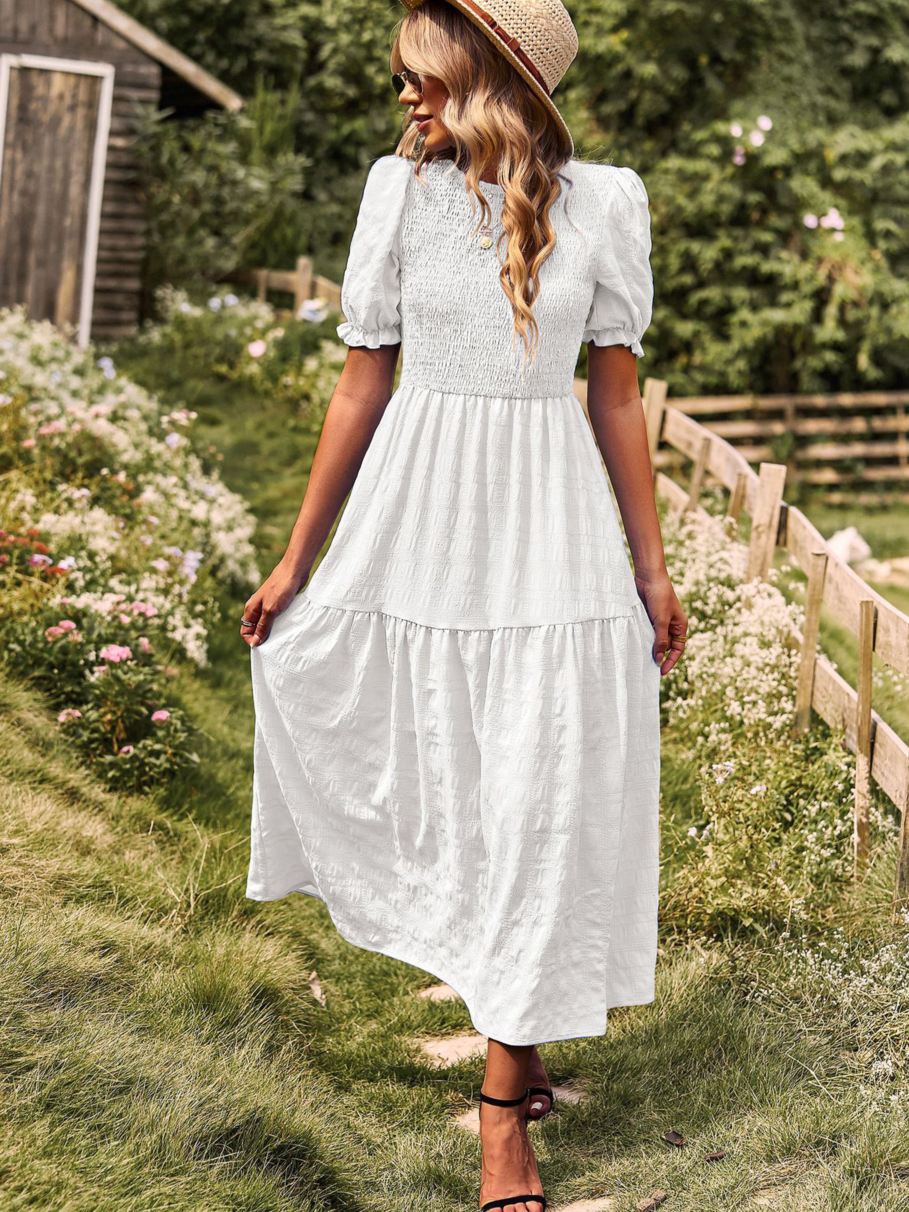 Robe Longue Trapèze Col Rond Manches Courtes à Volants Robe Invitée de Mariage en Blanc