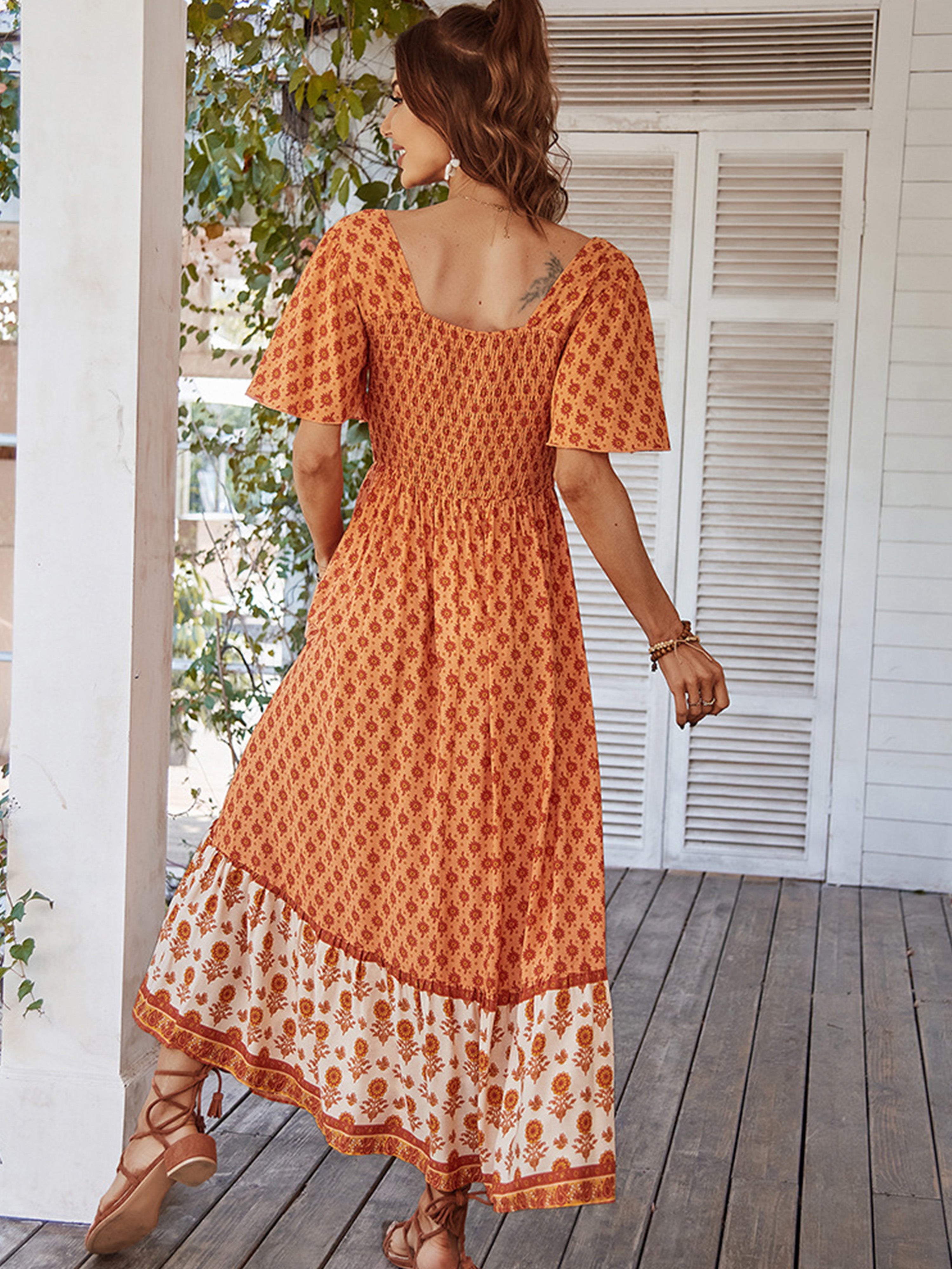 Robe Trapèze Col Carré Manches Courtes Robe Invitée de Mariage en Orange