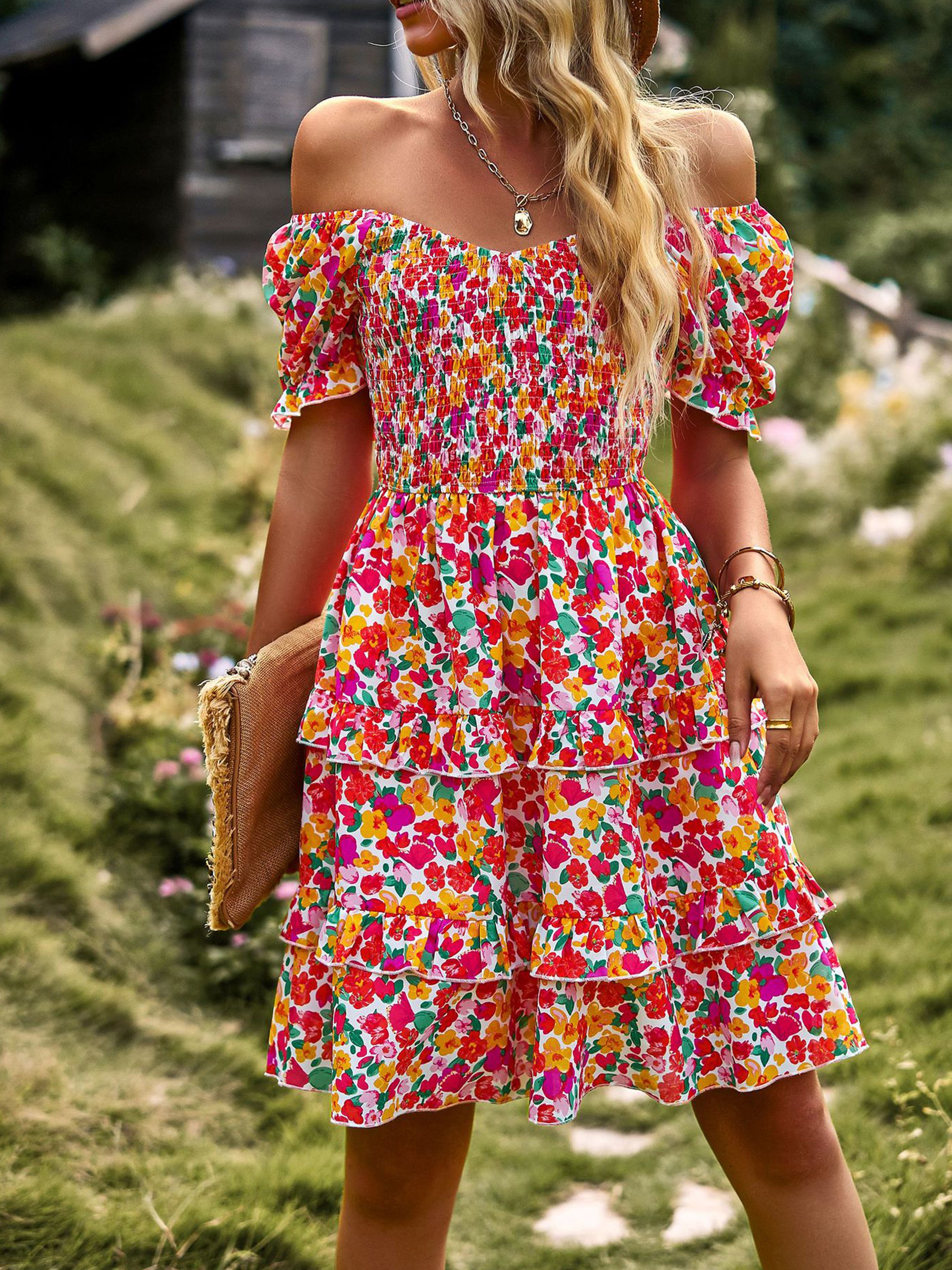 Robe Col Rond Manches Courtes Trapèze Robe Invitée de Mariage en Rose