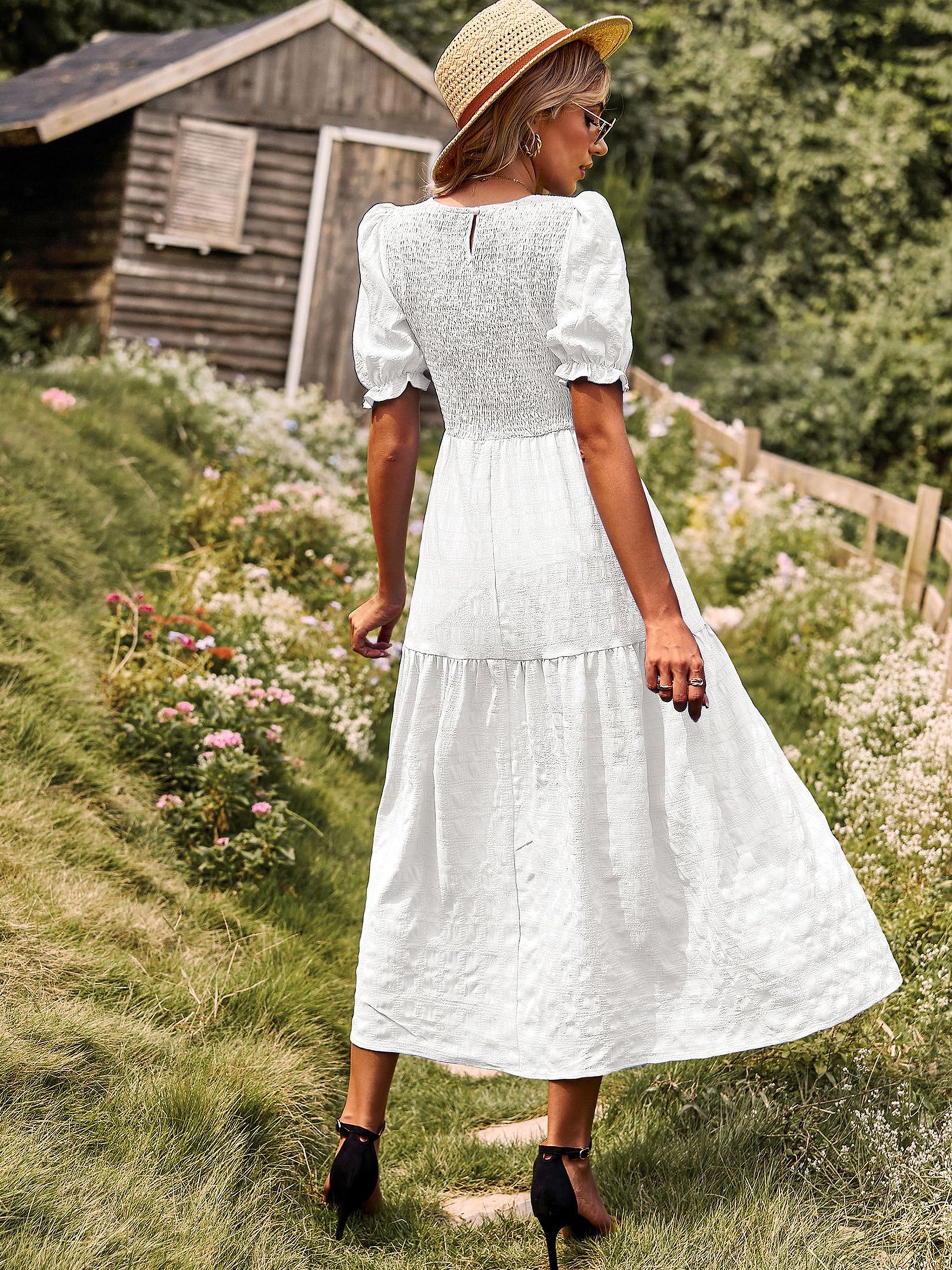 Robe Longue Trapèze Col Rond Manches Courtes à Volants Robe Invitée de Mariage en Blanc