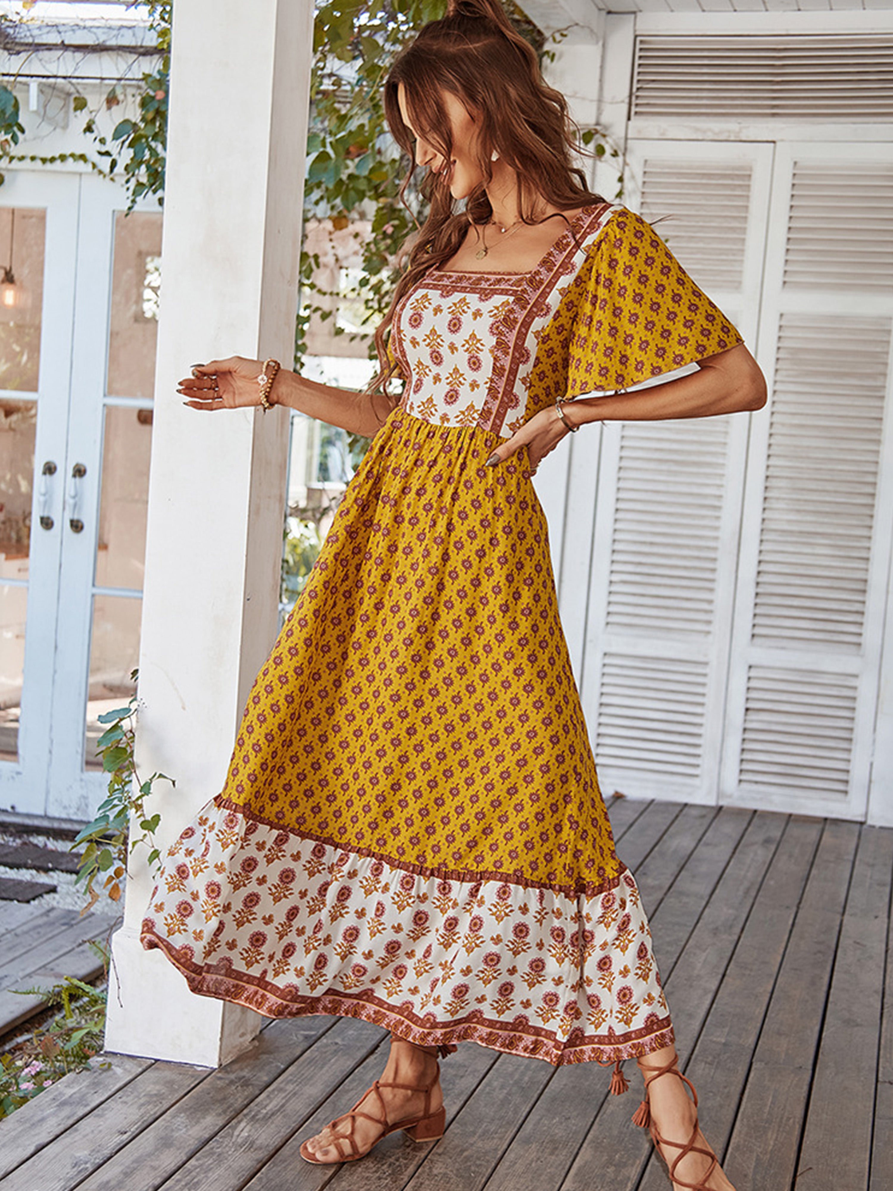 Robe Trapèze Col Carré Manches Courtes Robe Invitée de Mariage en Jaune