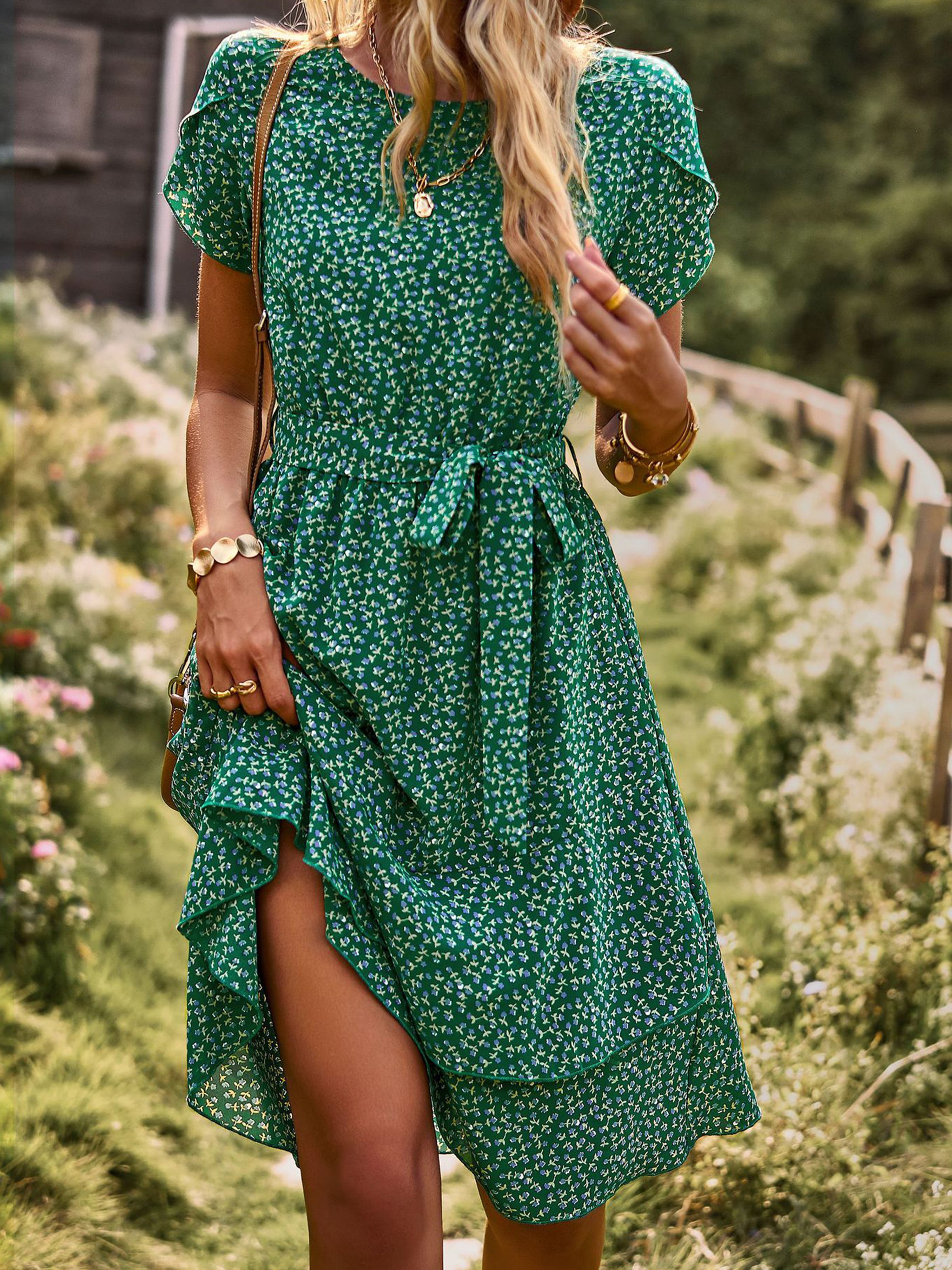 Robe Trapèze Col Rond Manches Courtes Noeud Papillon Robe Invitée de Mariage en Vert