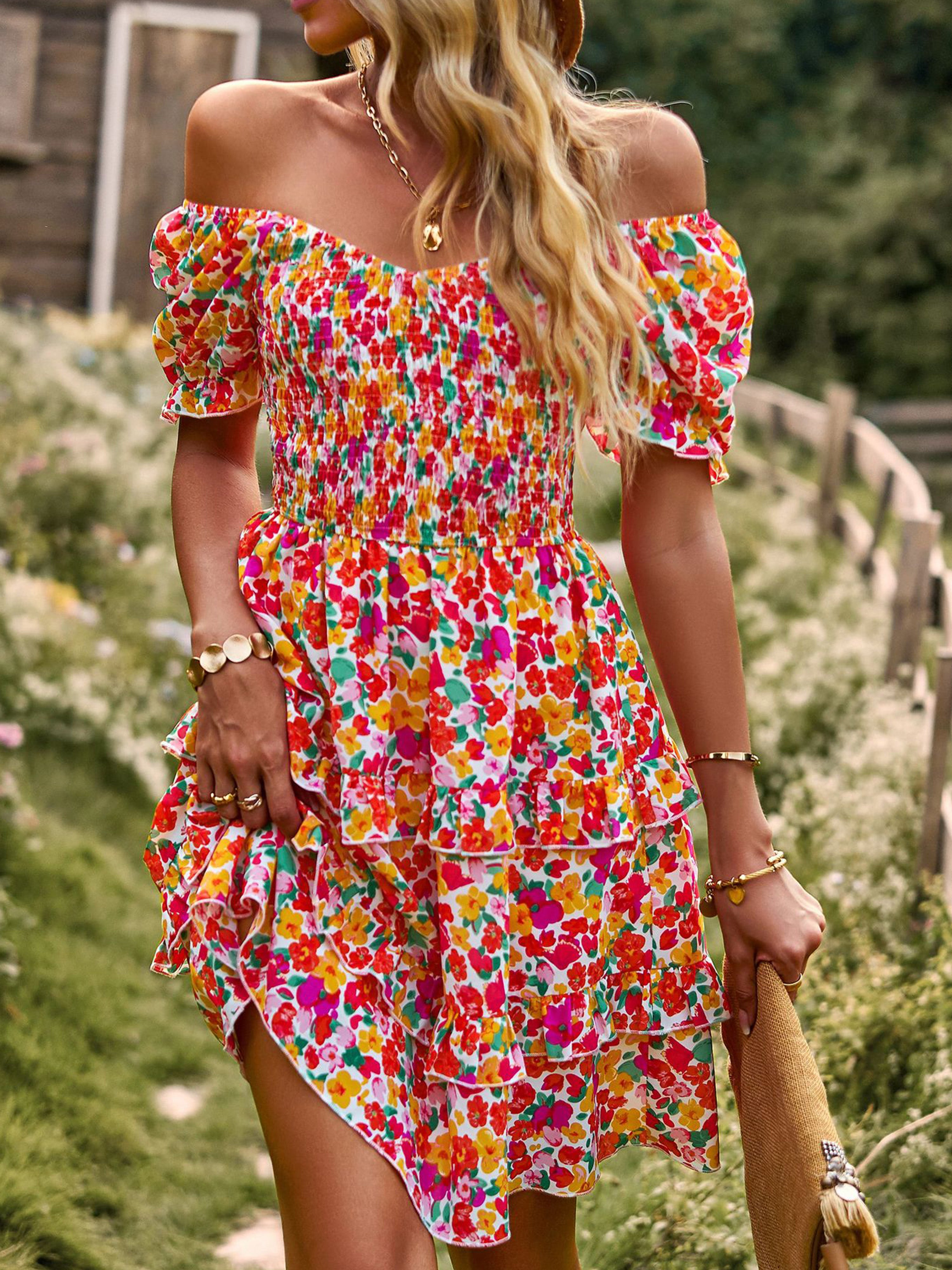 Robe Col Rond Manches Courtes Trapèze Robe Invitée de Mariage en Rose