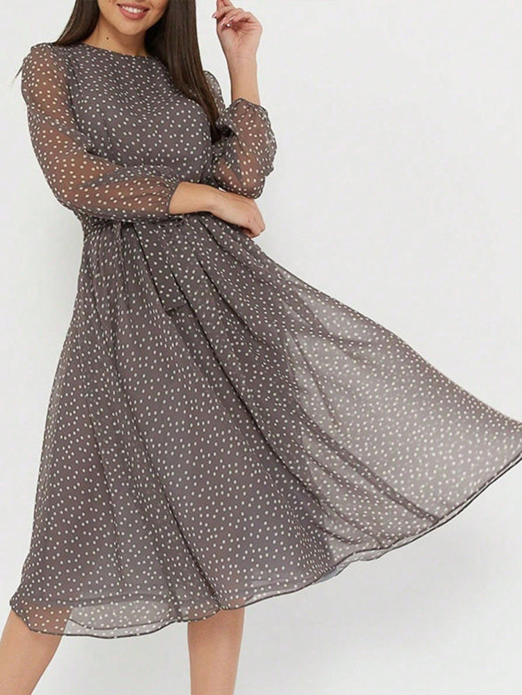 Robe Invitée Mariage BRUN Mi-Longue Col Ras du Cou et Manches Longues