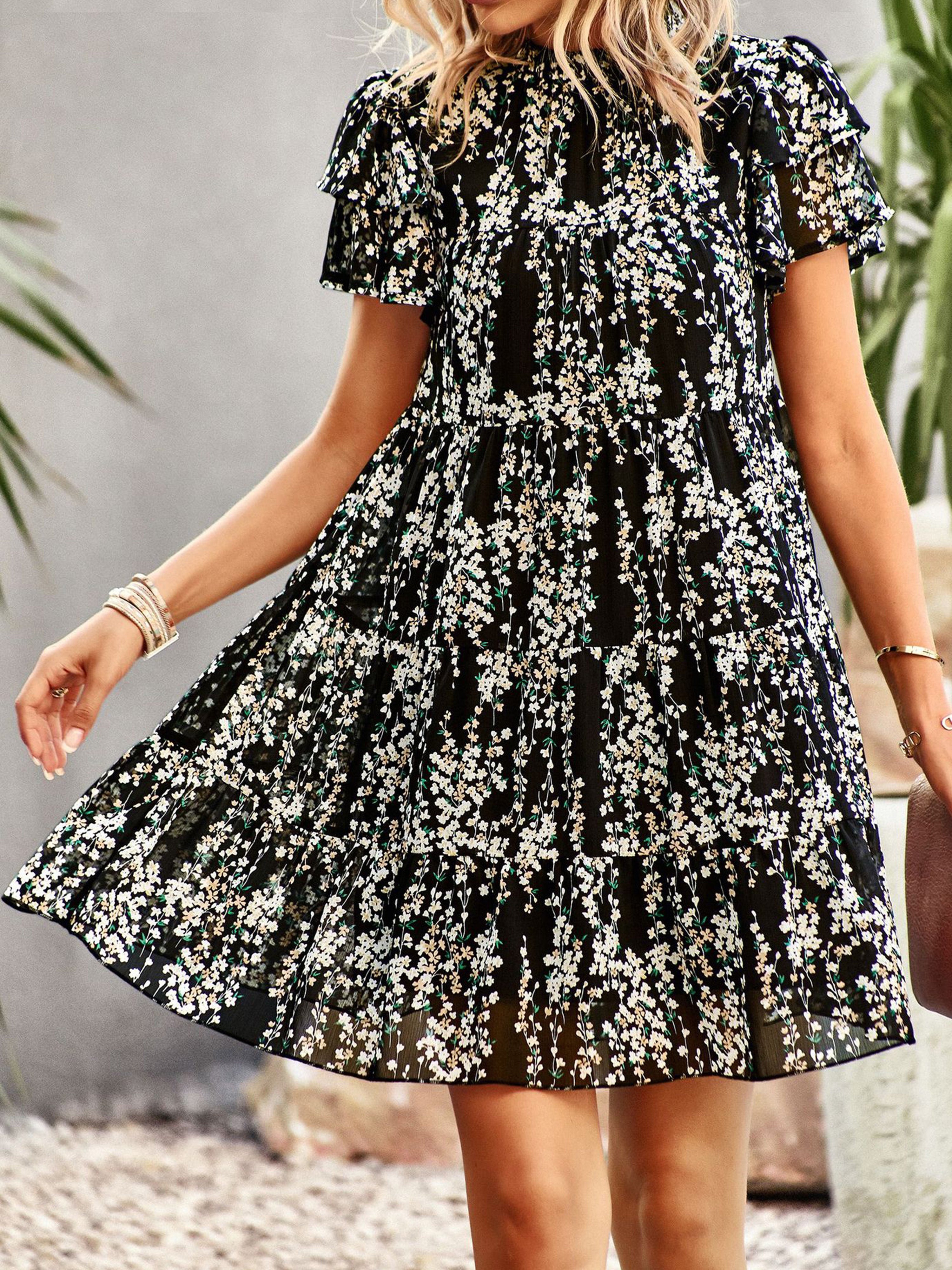 Robe Trapèze Col Roulé Mi-Haut Manches Courtes Robe Invitée de Mariage en Noir