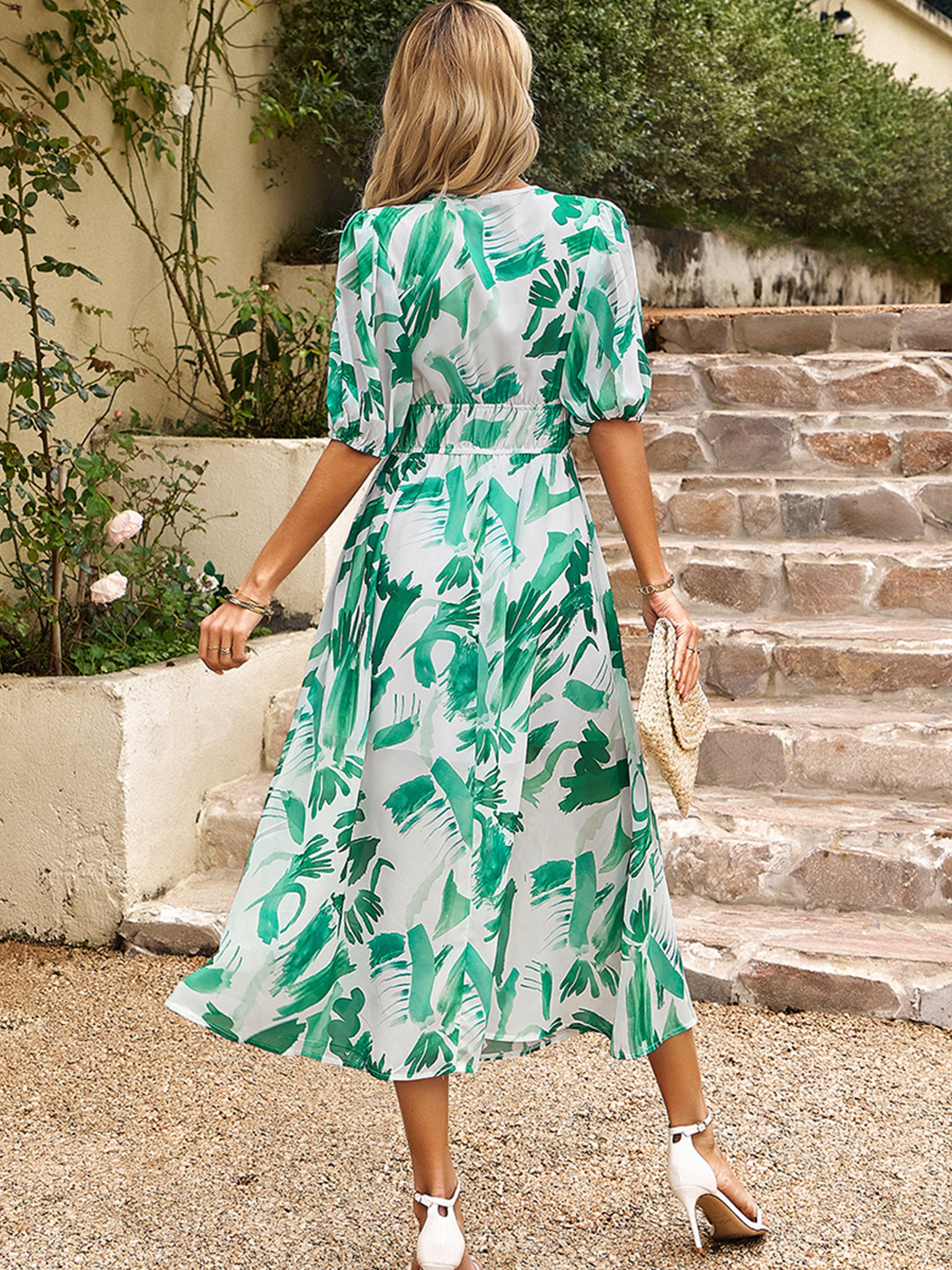 Robe Trapèze Col V Manches Courtes Robe Invitée de Mariage en Vert