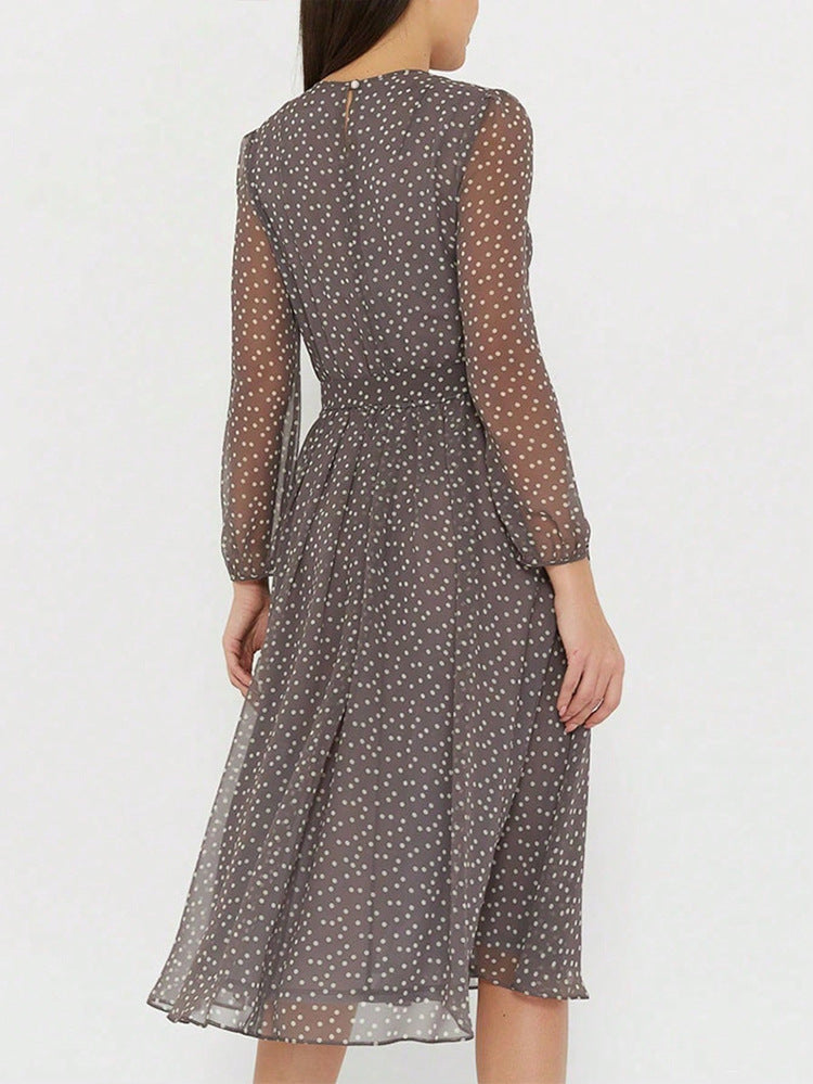 Robe Invitée Mariage BRUN Mi-Longue Col Ras du Cou et Manches Longues