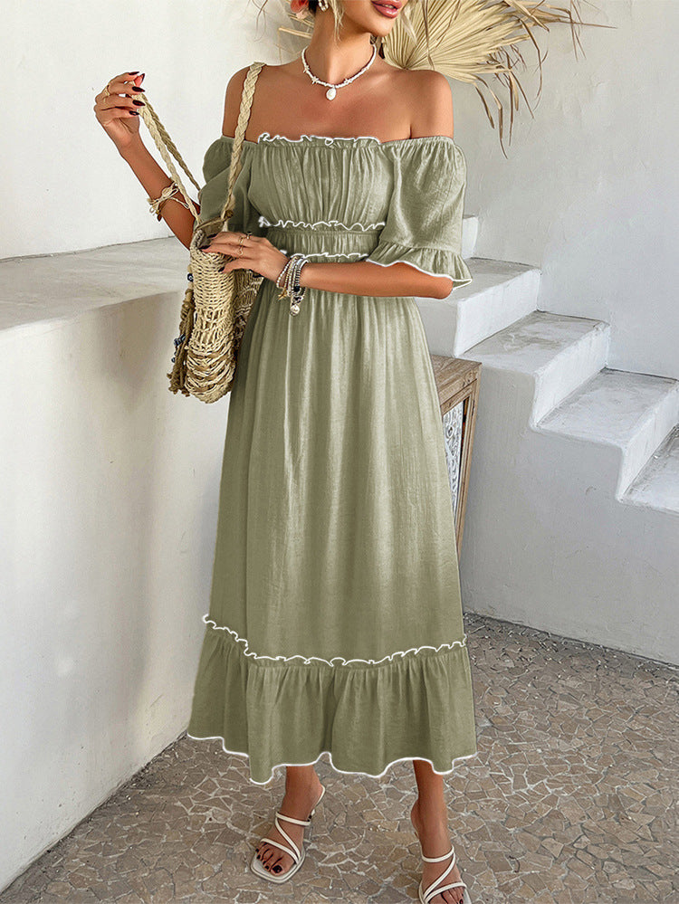 Robe Invitée de Mariage VERT_OLIVE à Épaules Dénudées Coupe A-Line Mi-Longue Sans Bretelles