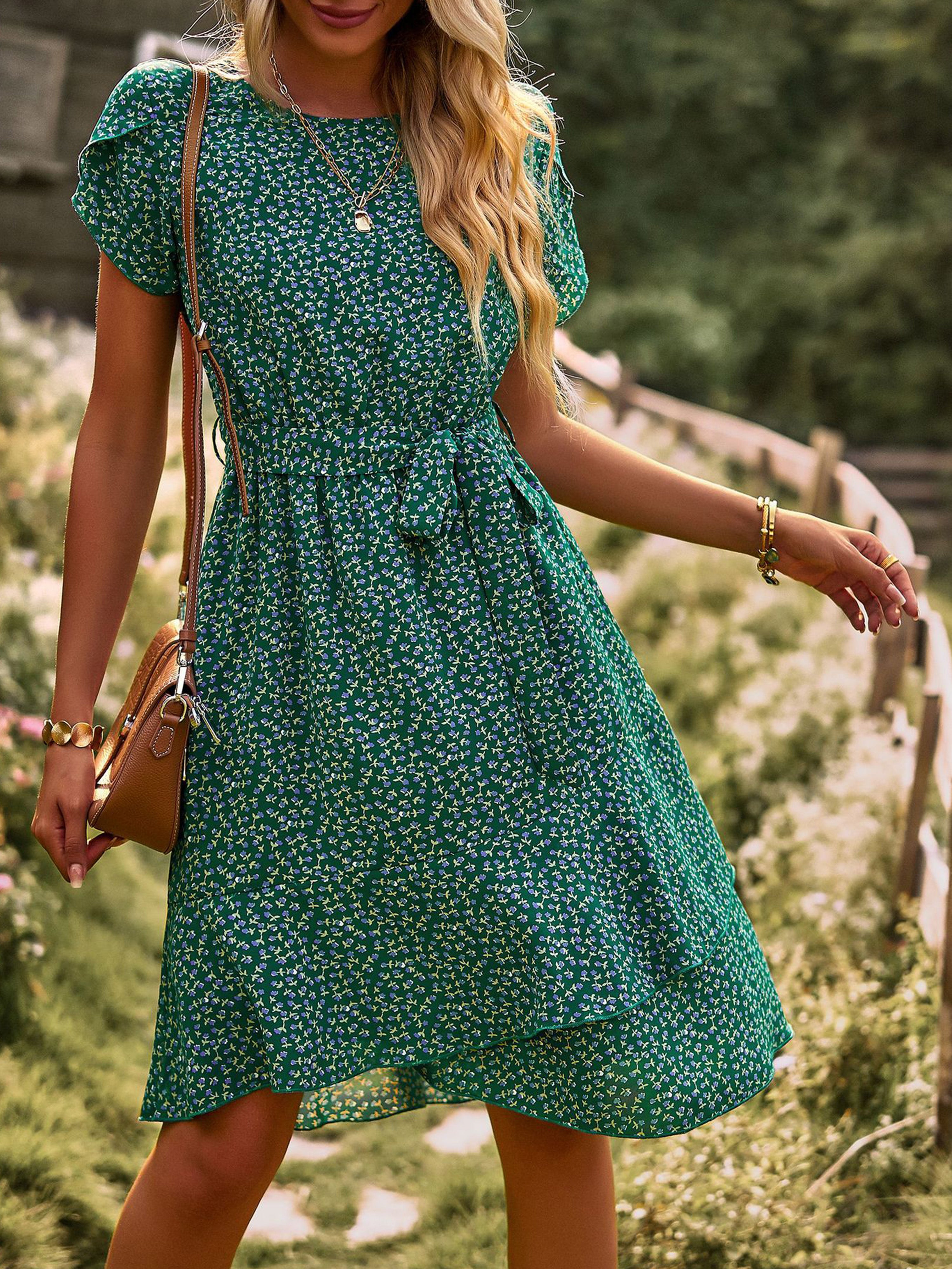 Robe Trapèze Col Rond Manches Courtes Noeud Papillon Robe Invitée de Mariage en Vert