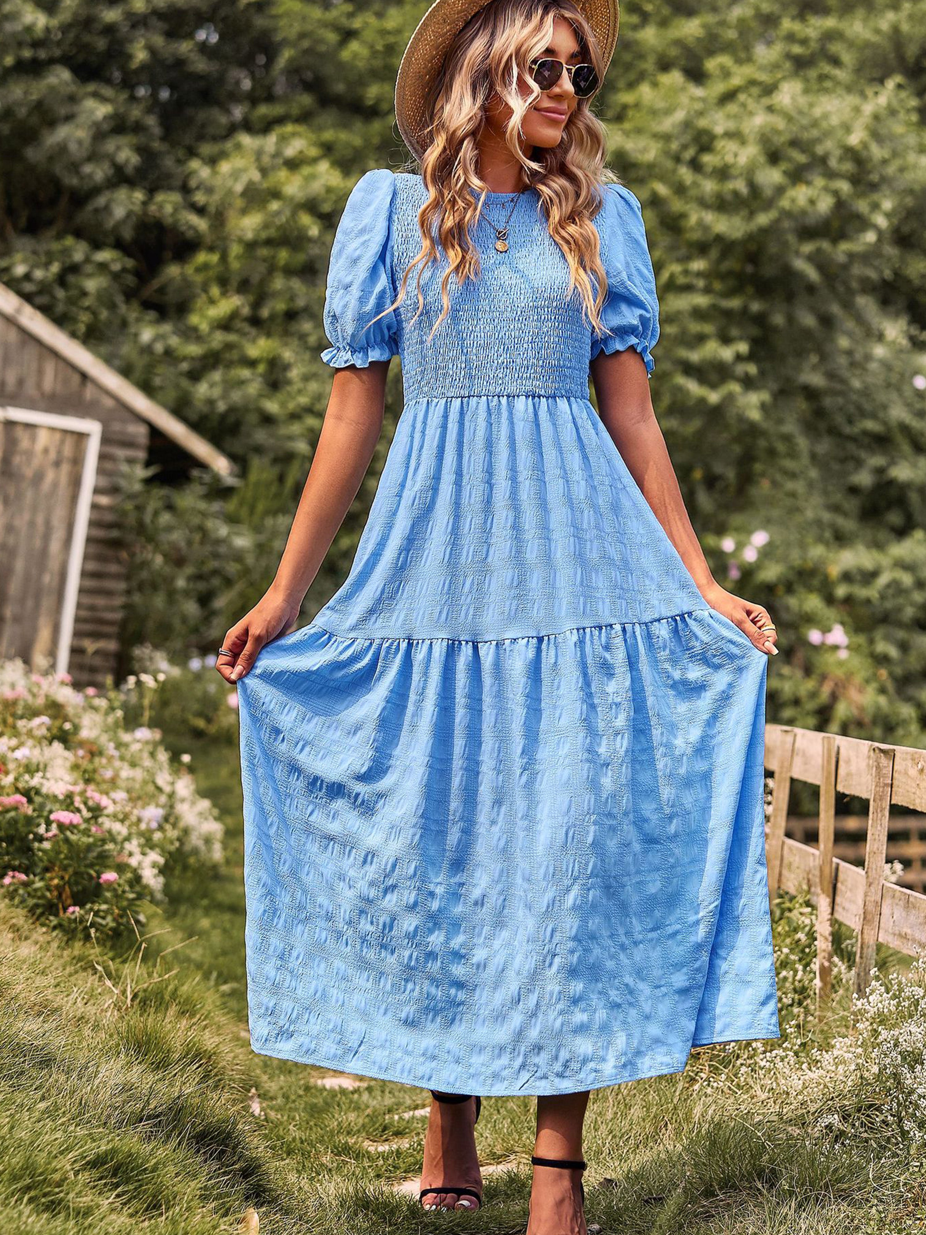 Robe Longue Trapèze Col Rond Manches Courtes à Volants Robe Invitée de Mariage en Bleu Ciel
