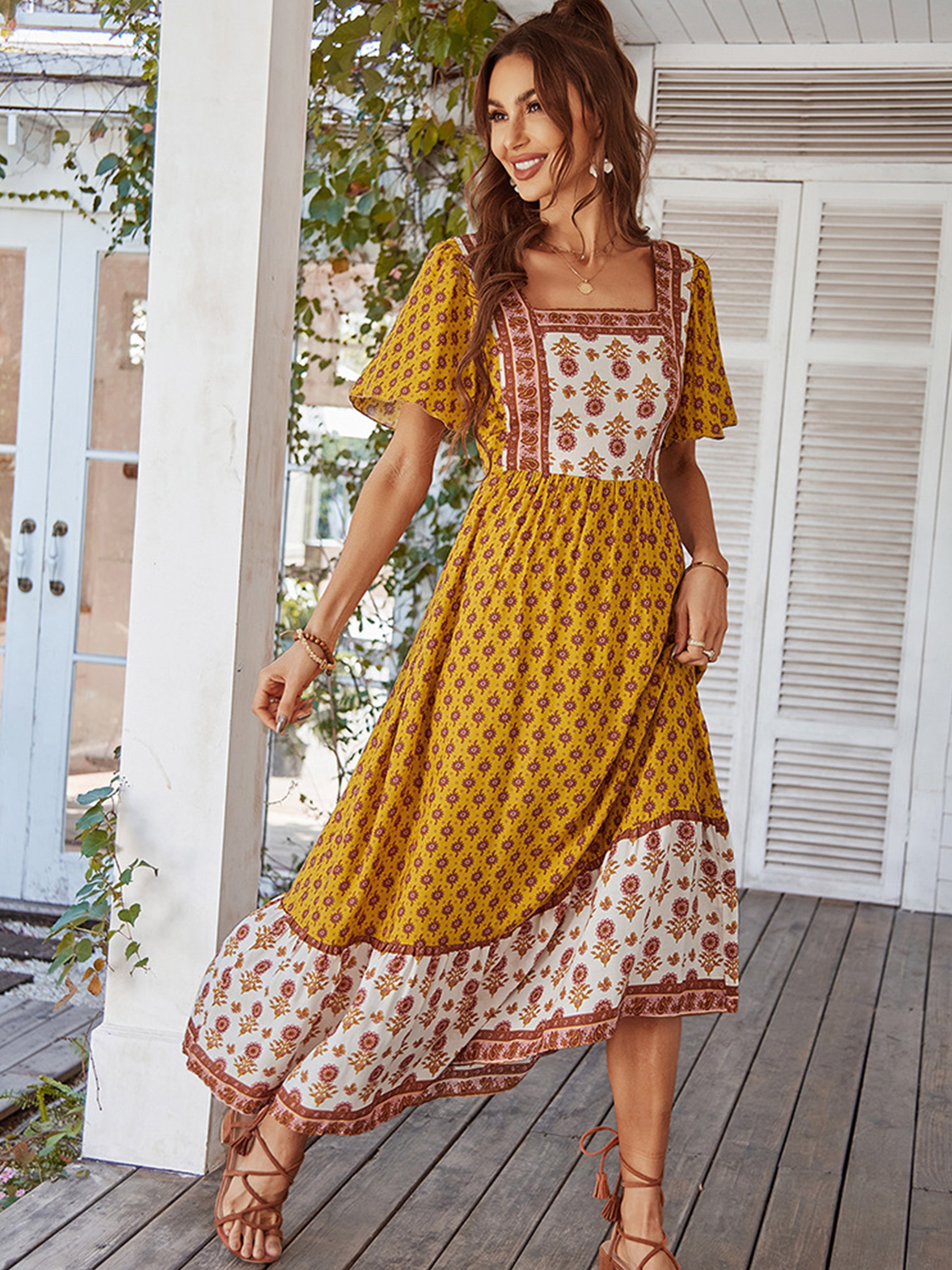 Robe Trapèze Col Carré Manches Courtes Robe Invitée de Mariage en Jaune