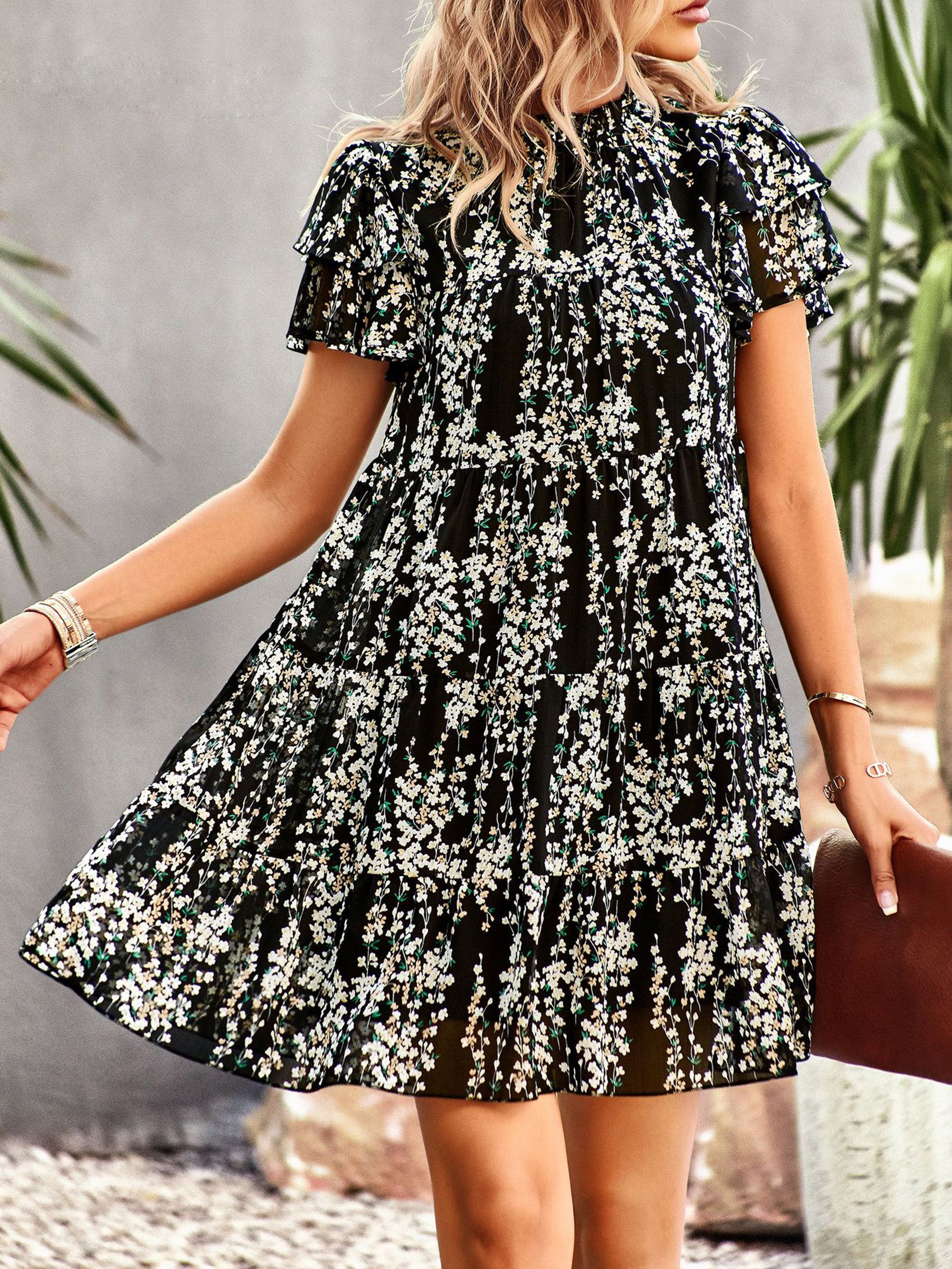 Robe Trapèze Col Roulé Mi-Haut Manches Courtes Robe Invitée de Mariage en Noir