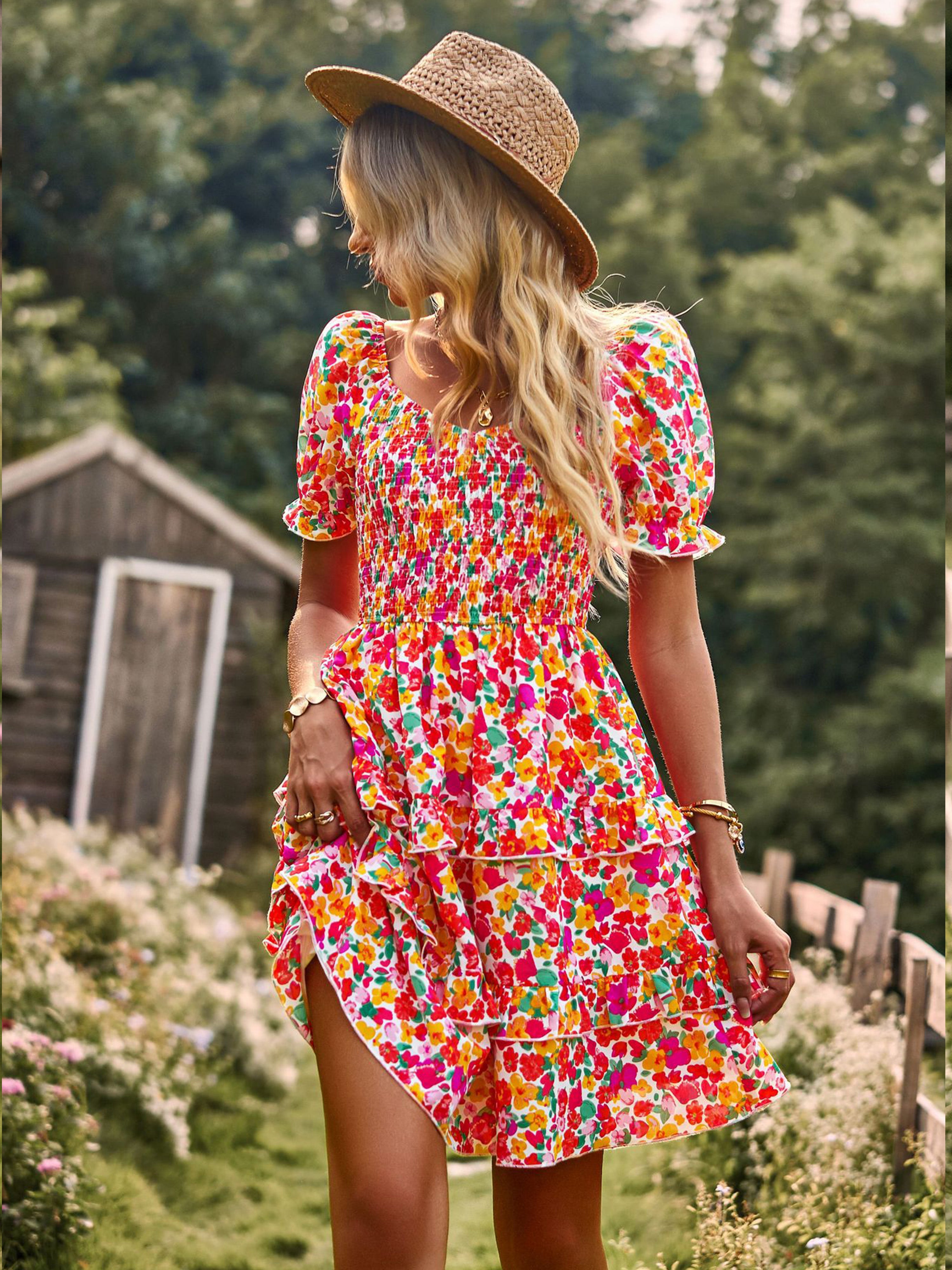 Robe Col Rond Manches Courtes Trapèze Robe Invitée de Mariage en Rose