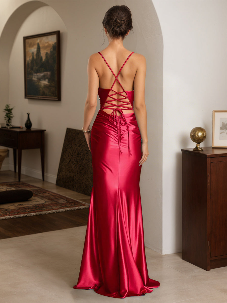 Cicinia Robe de Soirée ROUGE Longue en Satin Extensible Fourreau à Bretelles Spaghetti Dos Nud Chic