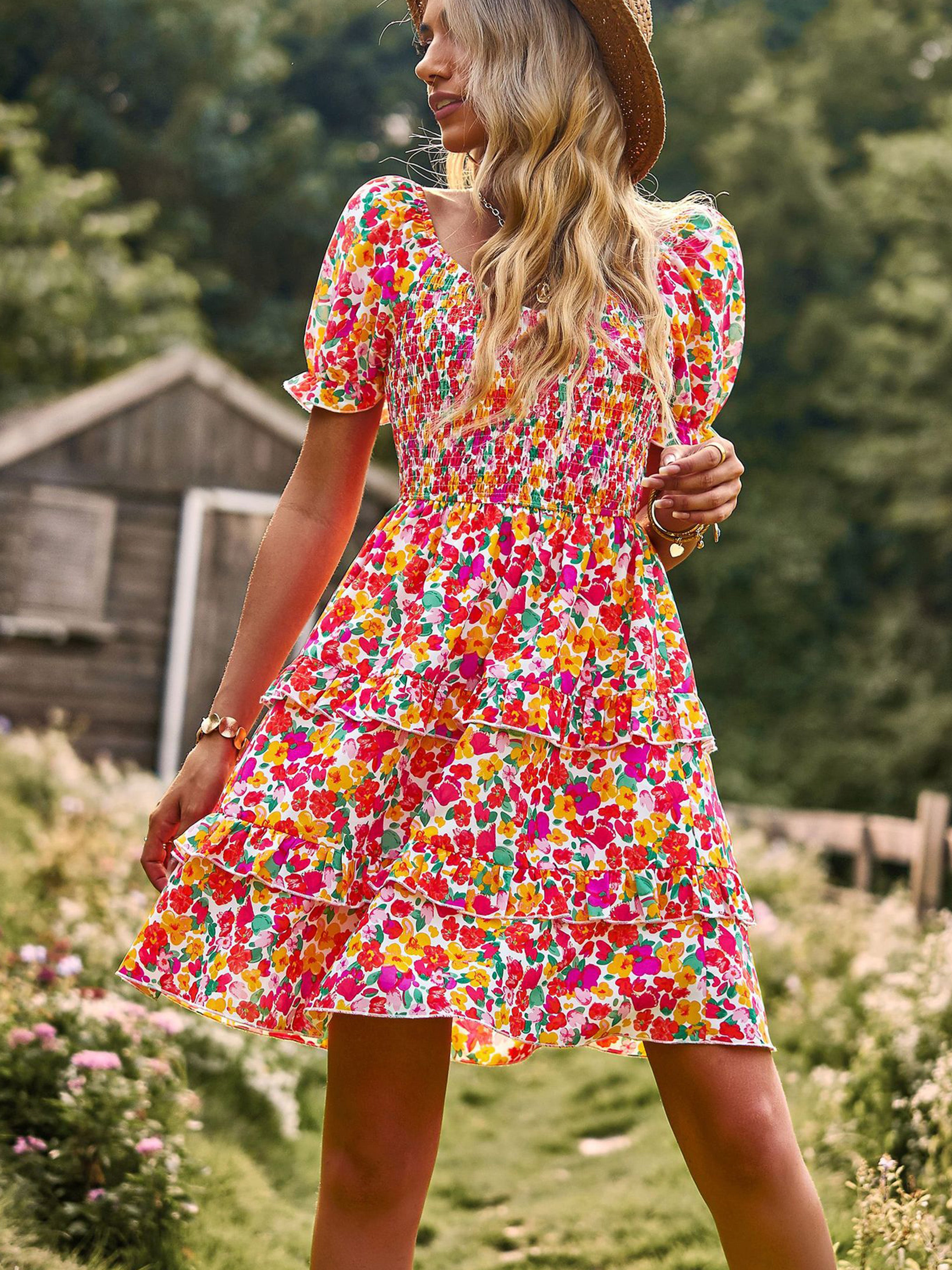 Robe Col Rond Manches Courtes Trapèze Robe Invitée de Mariage en Rose